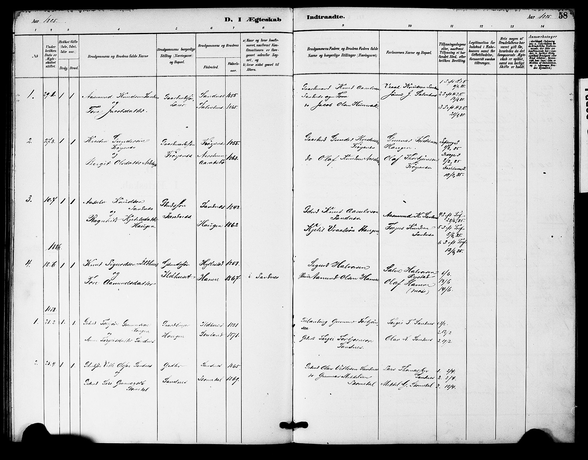Bygland sokneprestkontor, SAK/1111-0006/F/Fa/Fac/L0001: Ministerialbok nr. A 1, 1885-1909, s. 58