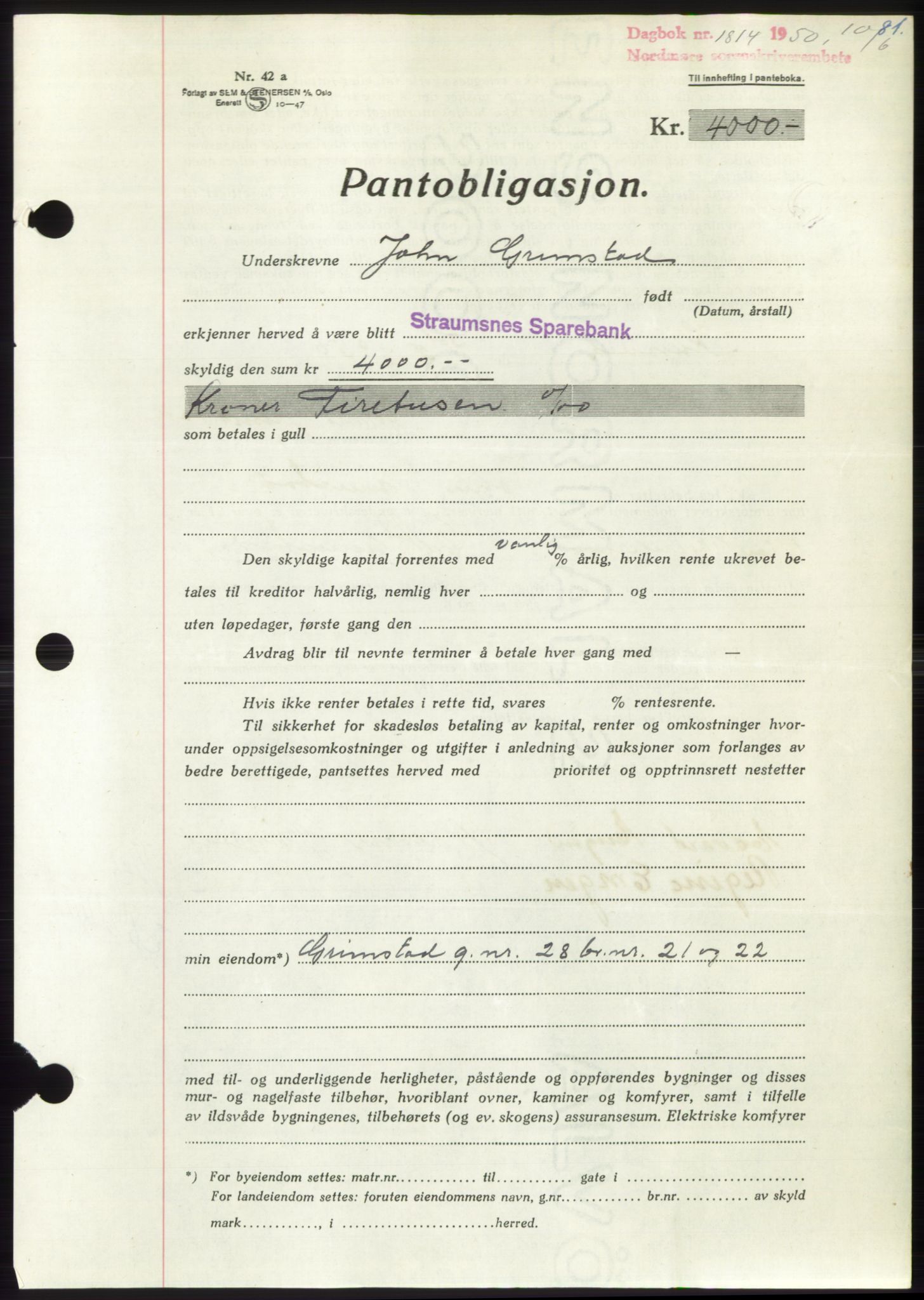 Nordmøre sorenskriveri, AV/SAT-A-4132/1/2/2Ca: Pantebok nr. B105, 1950-1950, Dagboknr: 1814/1950