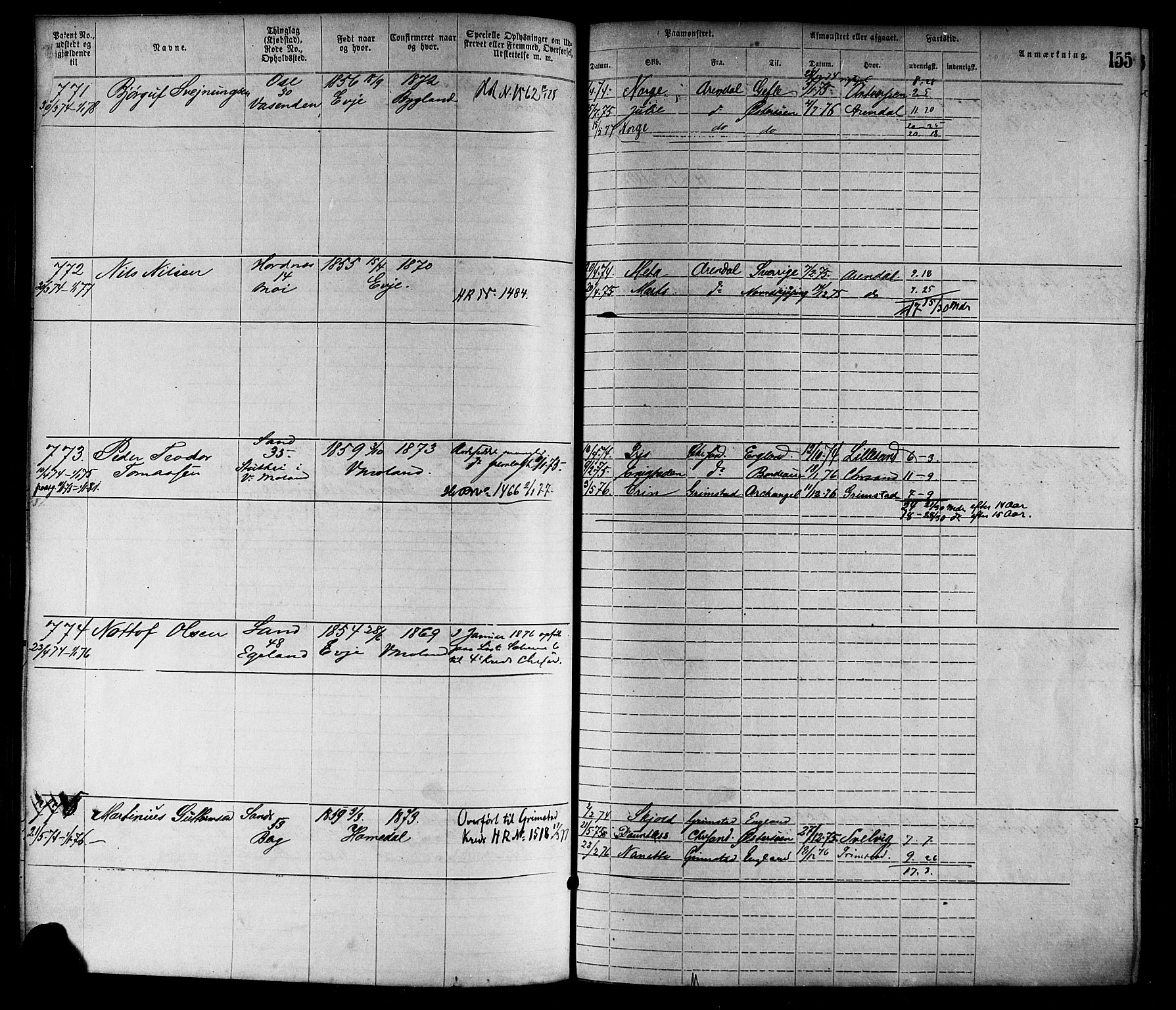 Lillesand mønstringskrets, SAK/2031-0014/F/Fa/L0004: Annotasjonsrulle nr 1-1920 med register, G-1, 1869-1891, s. 180