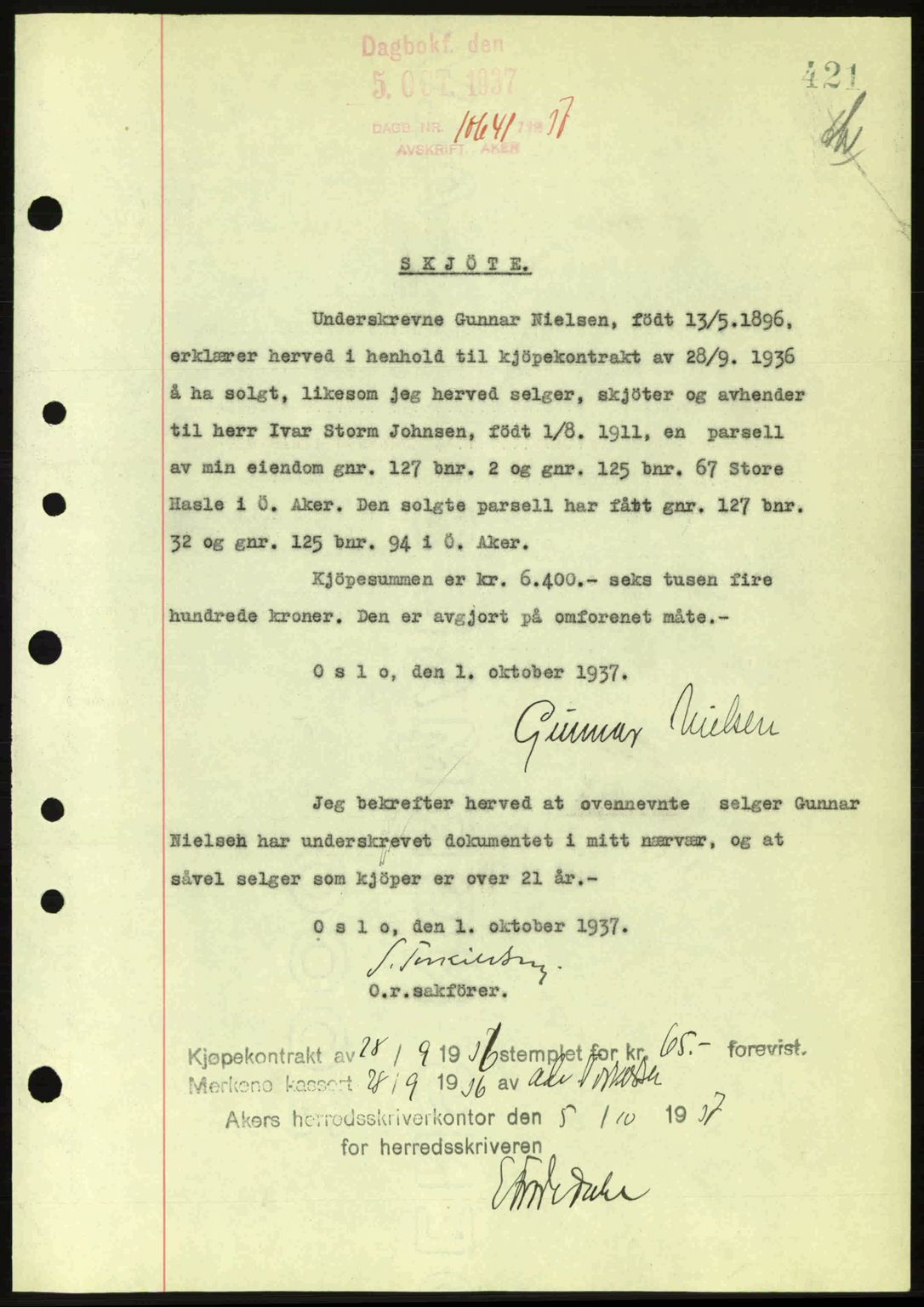 Aker herredsskriveri, SAO/A-10896/G/Gb/Gba/Gbab/L0017: Pantebok nr. A148, 1937-1937, Dagboknr: 10641/1937