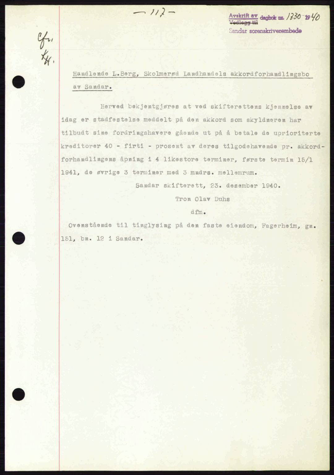 Sandar sorenskriveri, SAKO/A-86/G/Ga/Gab/L0001: Pantebok nr. B-1 og B-3 - B-9, 1936-1944, Dagboknr: 1730/1940
