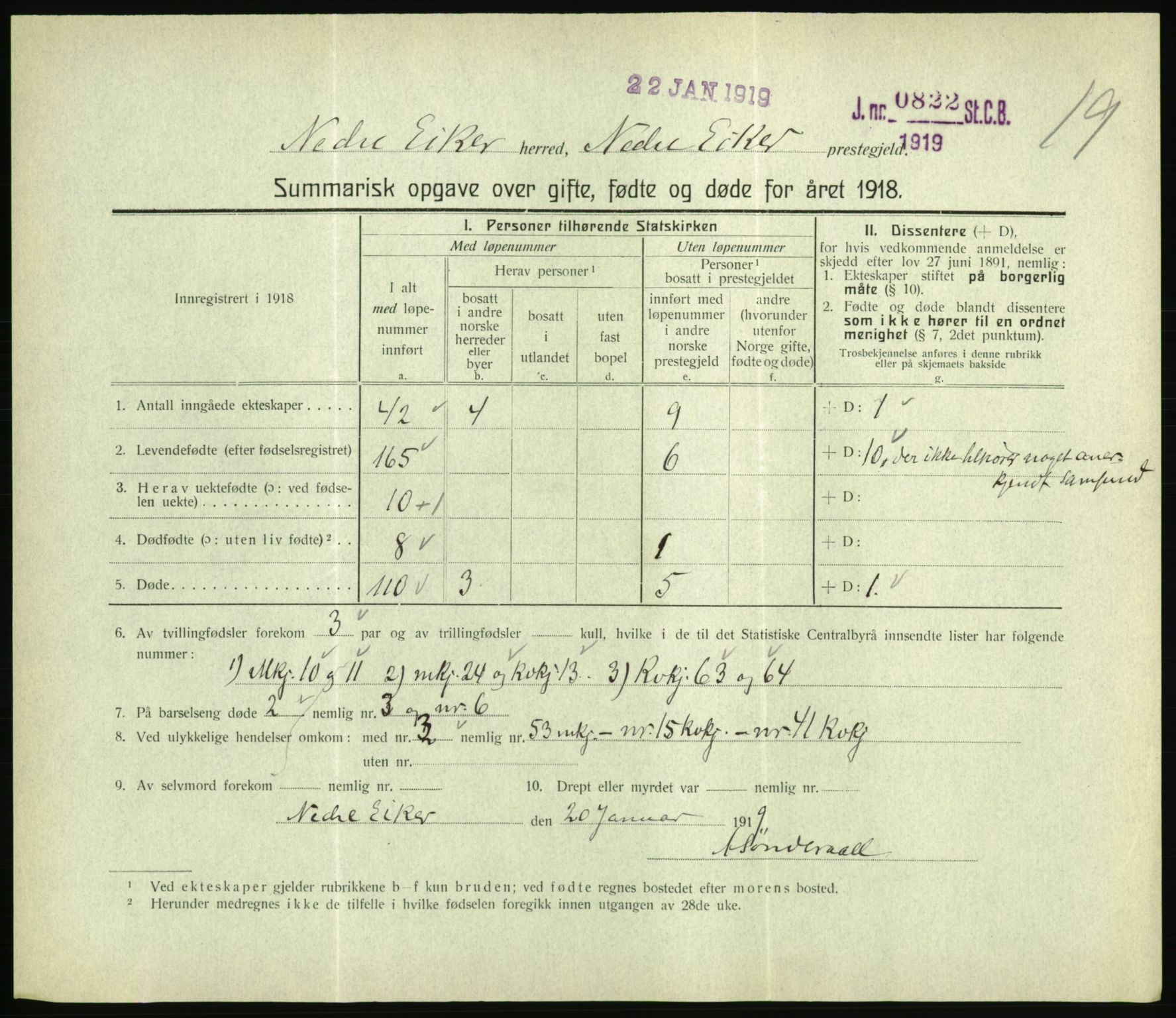 Statistisk sentralbyrå, Sosiodemografiske emner, Befolkning, RA/S-2228/D/Df/Dfb/Dfbh/L0059: Summariske oppgaver over gifte, fødte og døde for hele landet., 1918, s. 439