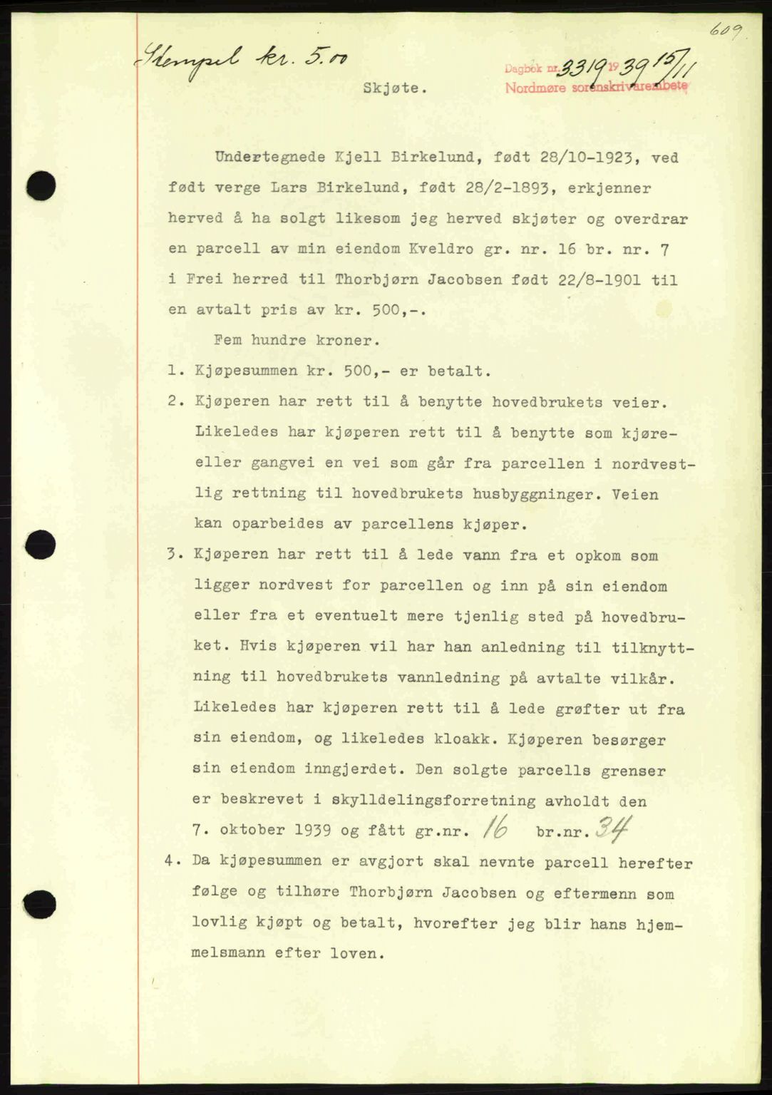 Nordmøre sorenskriveri, SAT/A-4132/1/2/2Ca: Pantebok nr. A87, 1939-1940, Dagboknr: 3319/1939