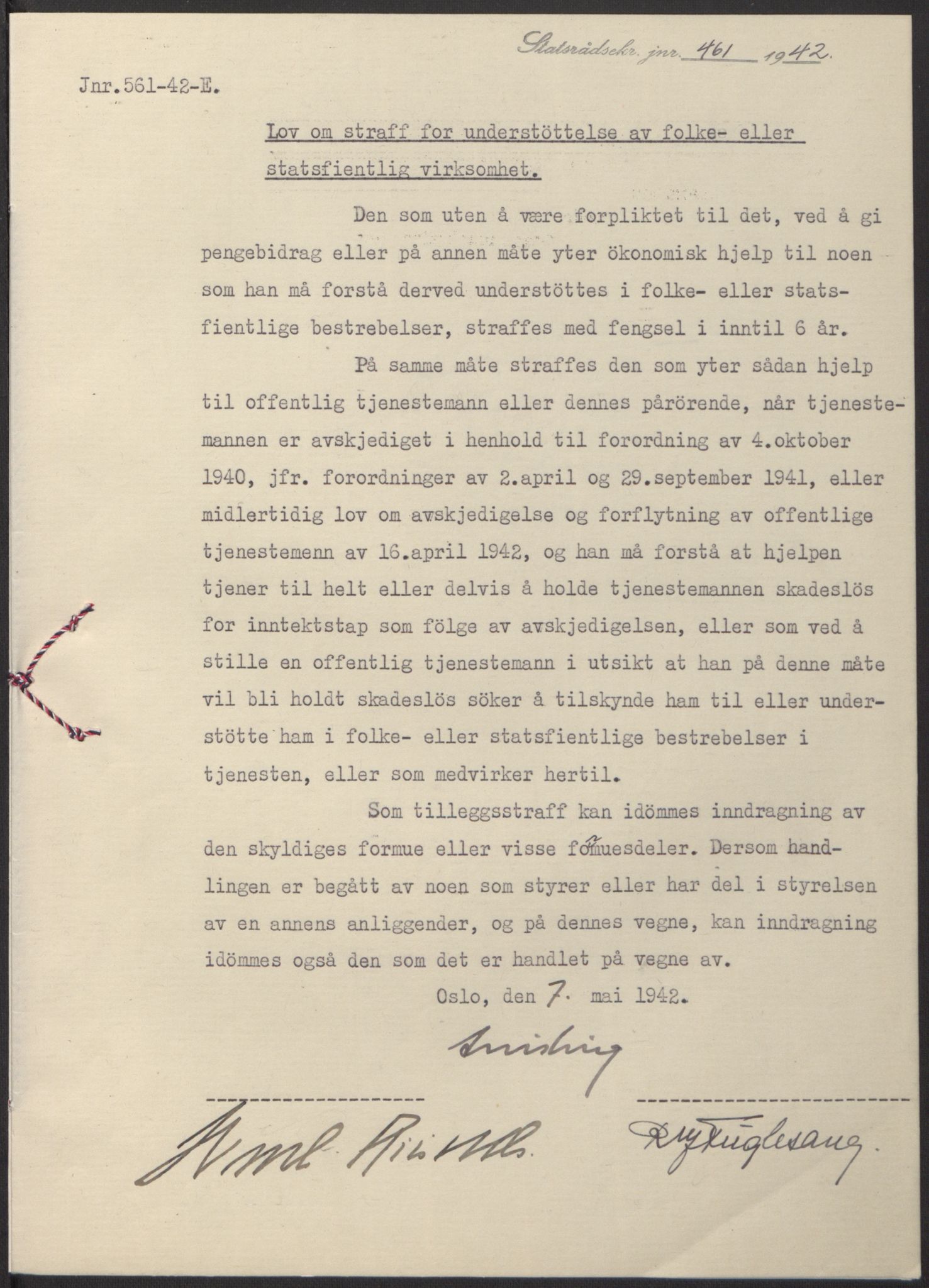 NS-administrasjonen 1940-1945 (Statsrådsekretariatet, de kommisariske statsråder mm), AV/RA-S-4279/D/Db/L0097: Lover I, 1942, s. 334