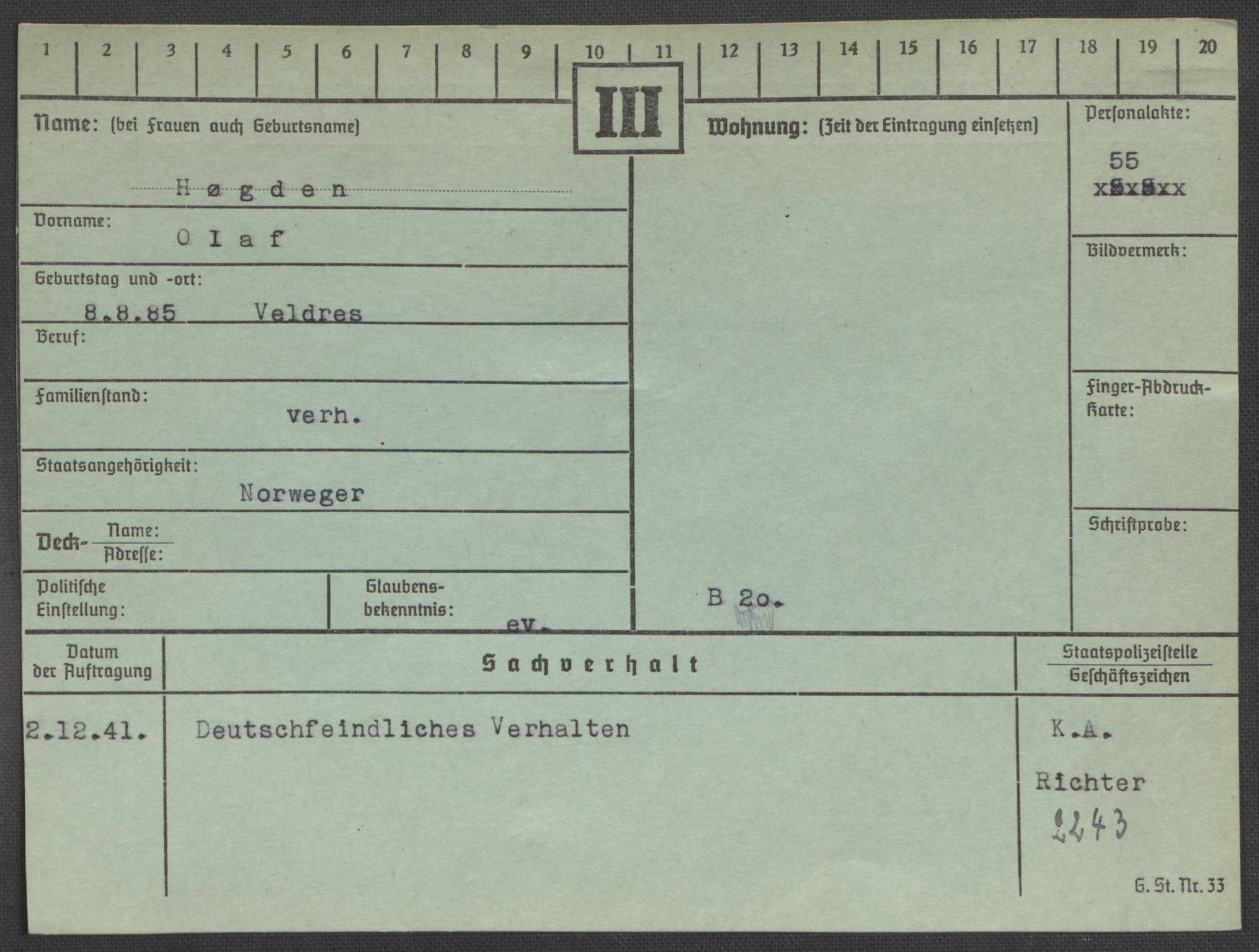 Befehlshaber der Sicherheitspolizei und des SD, AV/RA-RAFA-5969/E/Ea/Eaa/L0005: Register over norske fanger i Møllergata 19: Hø-Kj, 1940-1945, s. 10