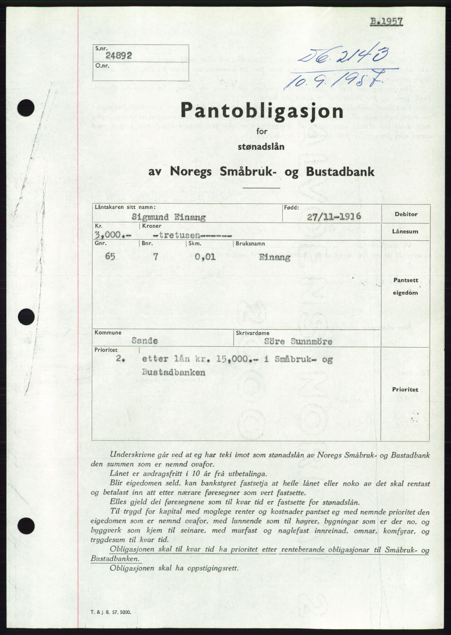 Søre Sunnmøre sorenskriveri, AV/SAT-A-4122/1/2/2C/L0130: Pantebok nr. 18B, 1957-1958, Dagboknr: 2143/1957