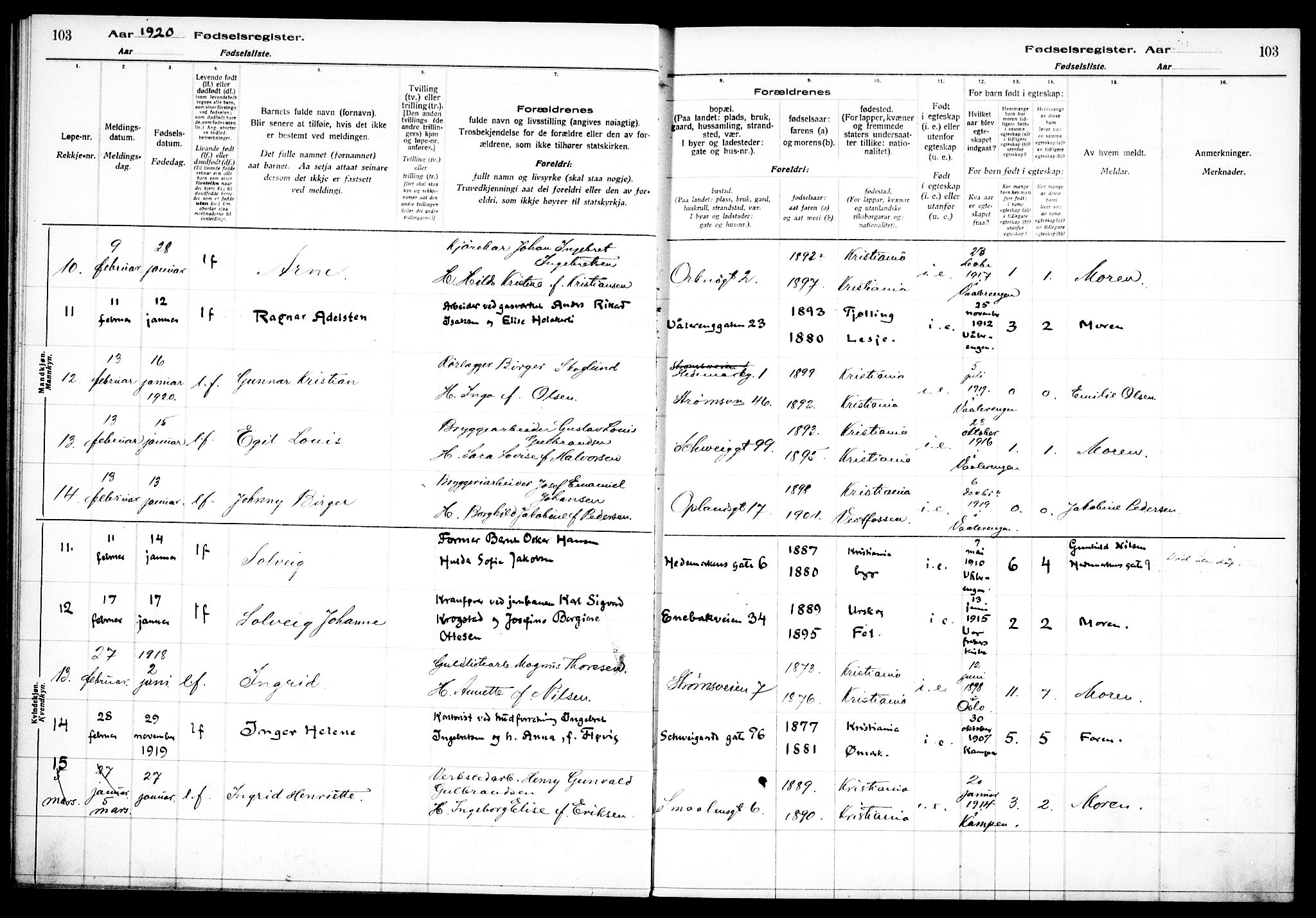 Vålerengen prestekontor Kirkebøker, SAO/A-10878/J/Ja/L0001: Fødselsregister nr. 1, 1916-1924, s. 103