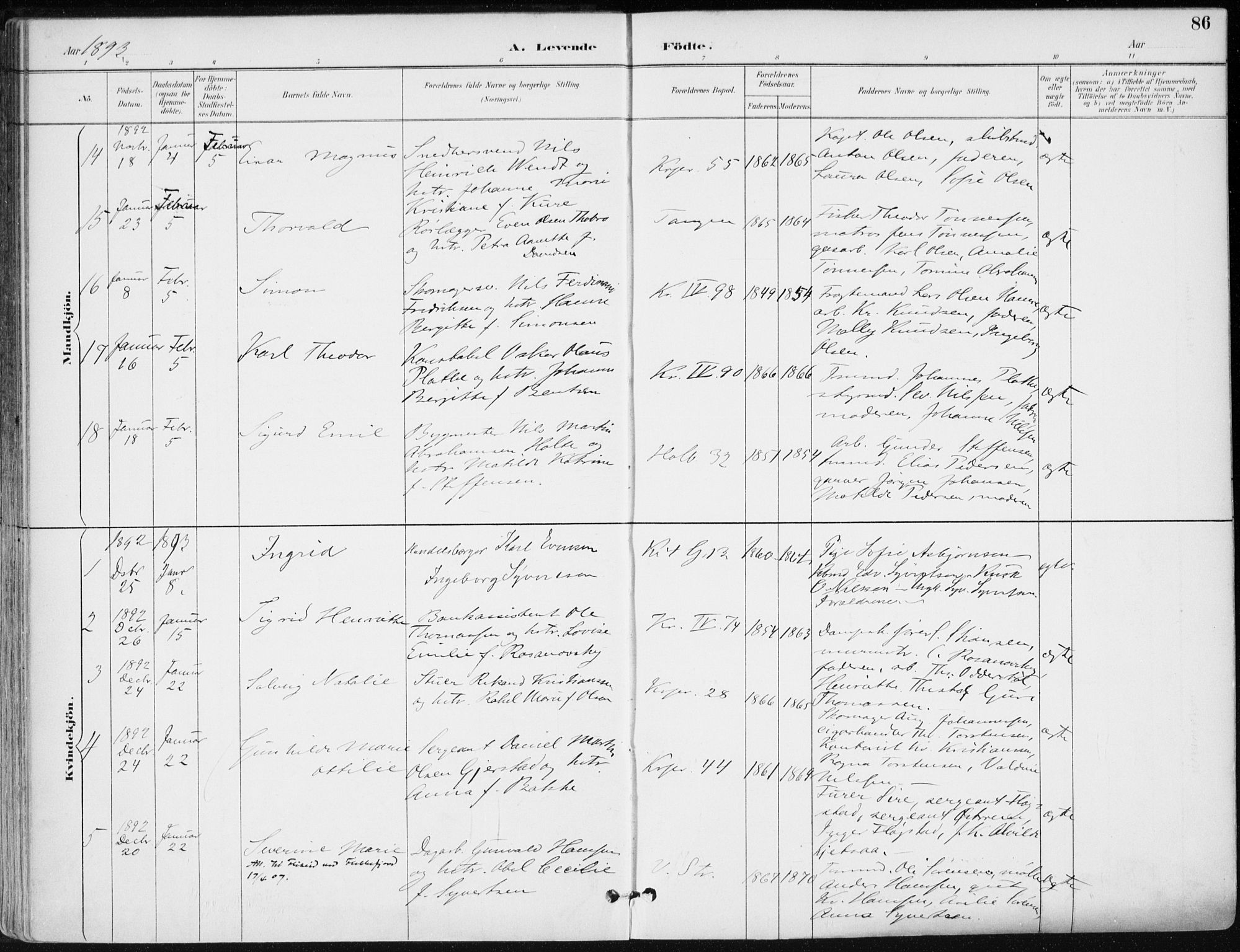 Kristiansand domprosti, AV/SAK-1112-0006/F/Fa/L0019: Ministerialbok nr. A 18, 1890-1897, s. 86