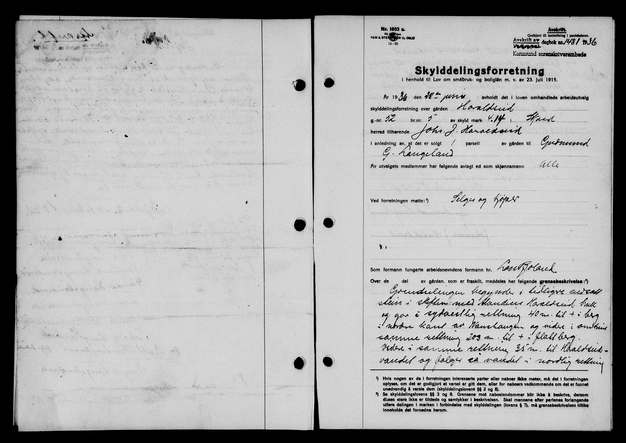 Karmsund sorenskriveri, SAST/A-100311/01/II/IIB/L0066: Pantebok nr. 47A, 1936-1936, Dagboknr: 1481/1936