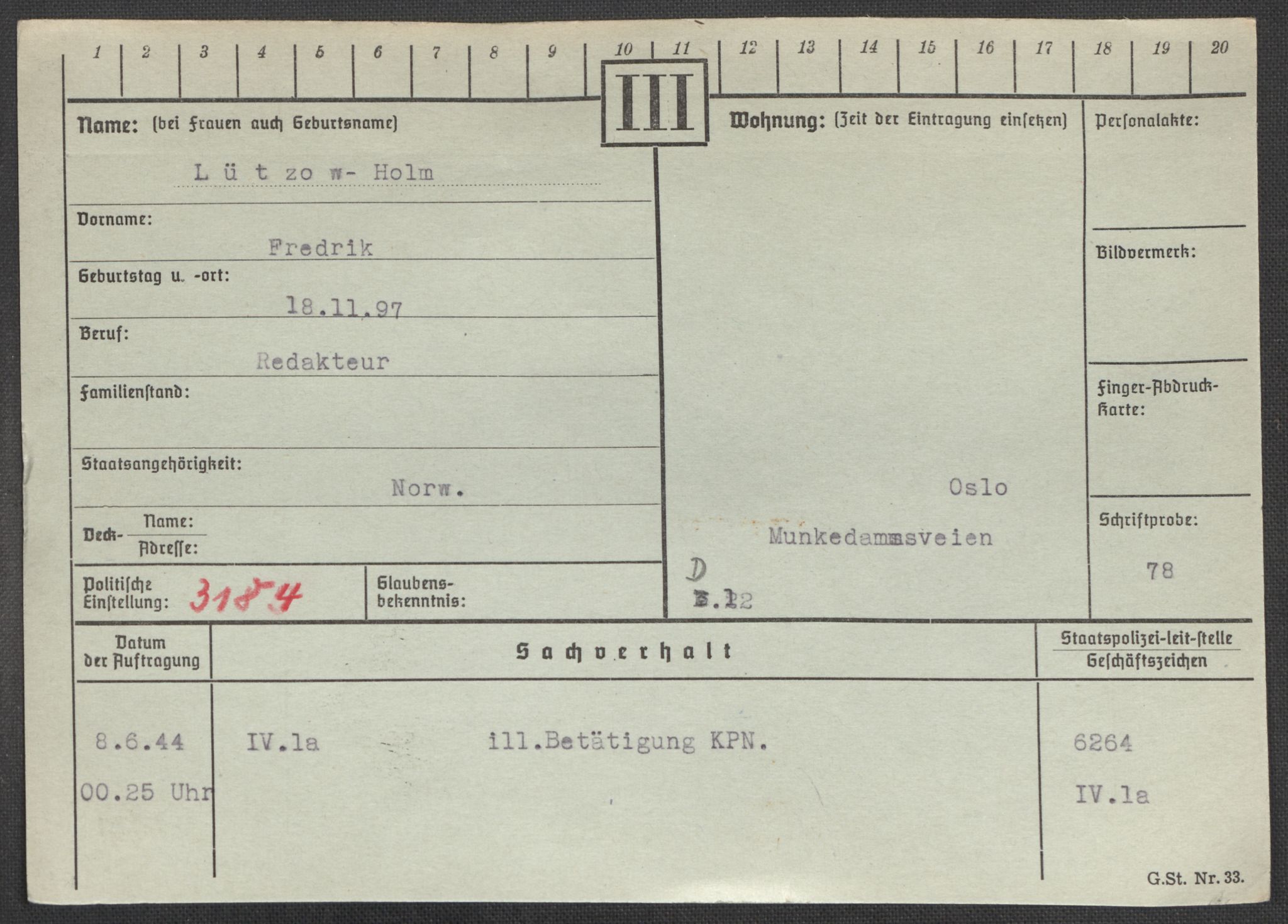 Befehlshaber der Sicherheitspolizei und des SD, RA/RAFA-5969/E/Ea/Eaa/L0007: Register over norske fanger i Møllergata 19: Lundb-N, 1940-1945, s. 98
