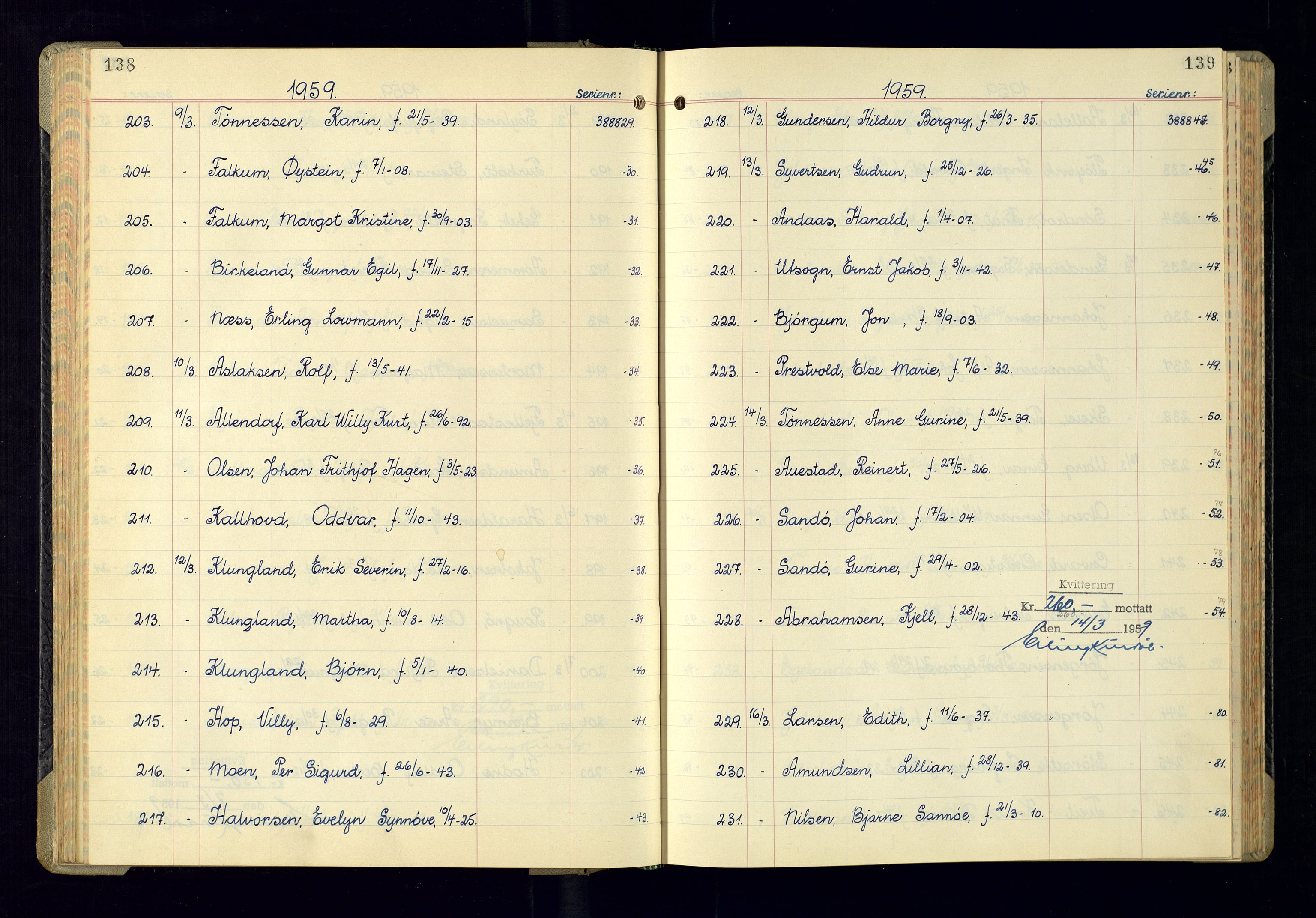 Kristiansand politikammer - 2, AV/SAK-1243-0009/K/Ka/Kaa/L0614: Passprotokoll, liste med løpenumre, 1958-1962, s. 138-139