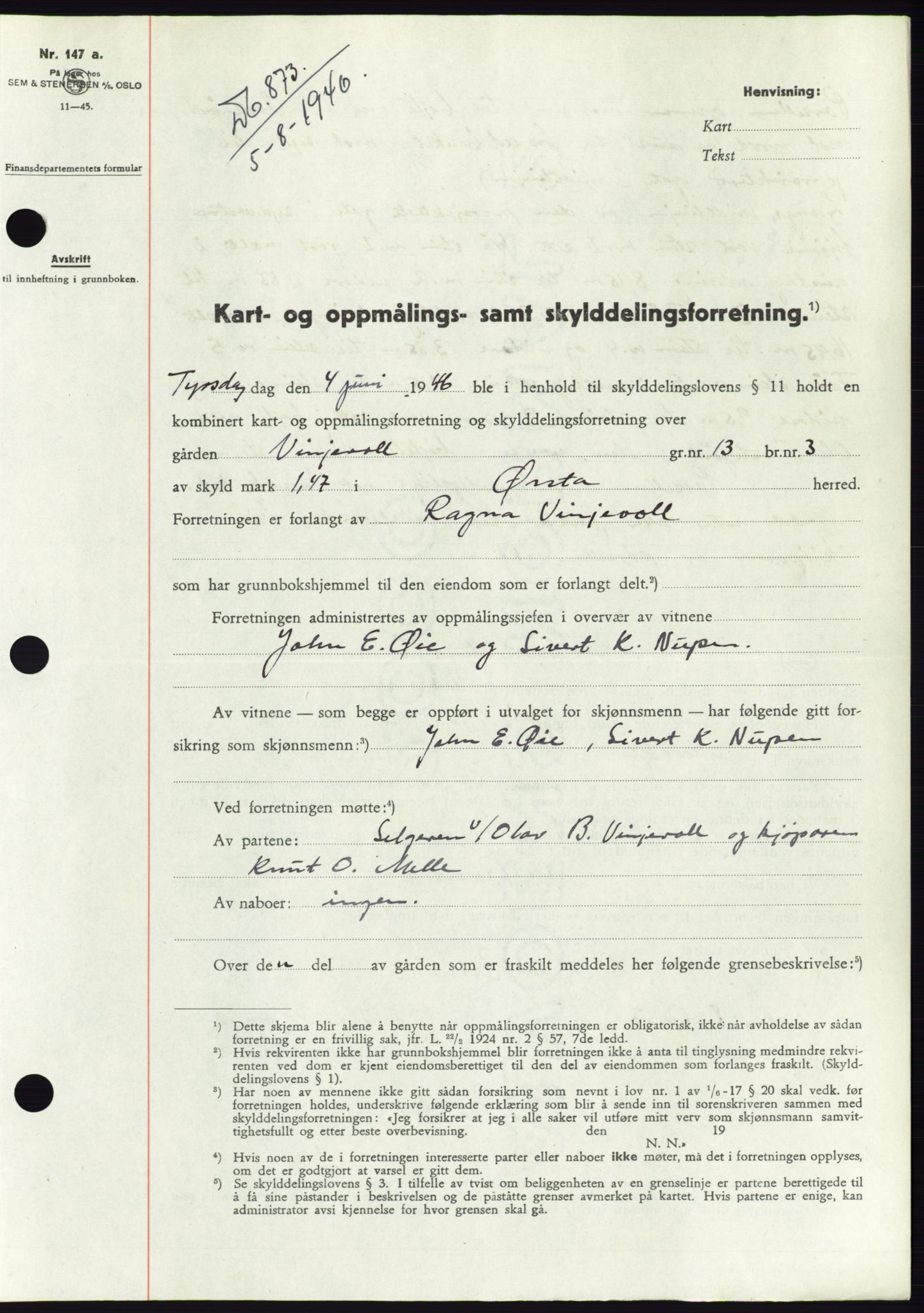 Søre Sunnmøre sorenskriveri, SAT/A-4122/1/2/2C/L0078: Pantebok nr. 4A, 1946-1946, Dagboknr: 873/1946
