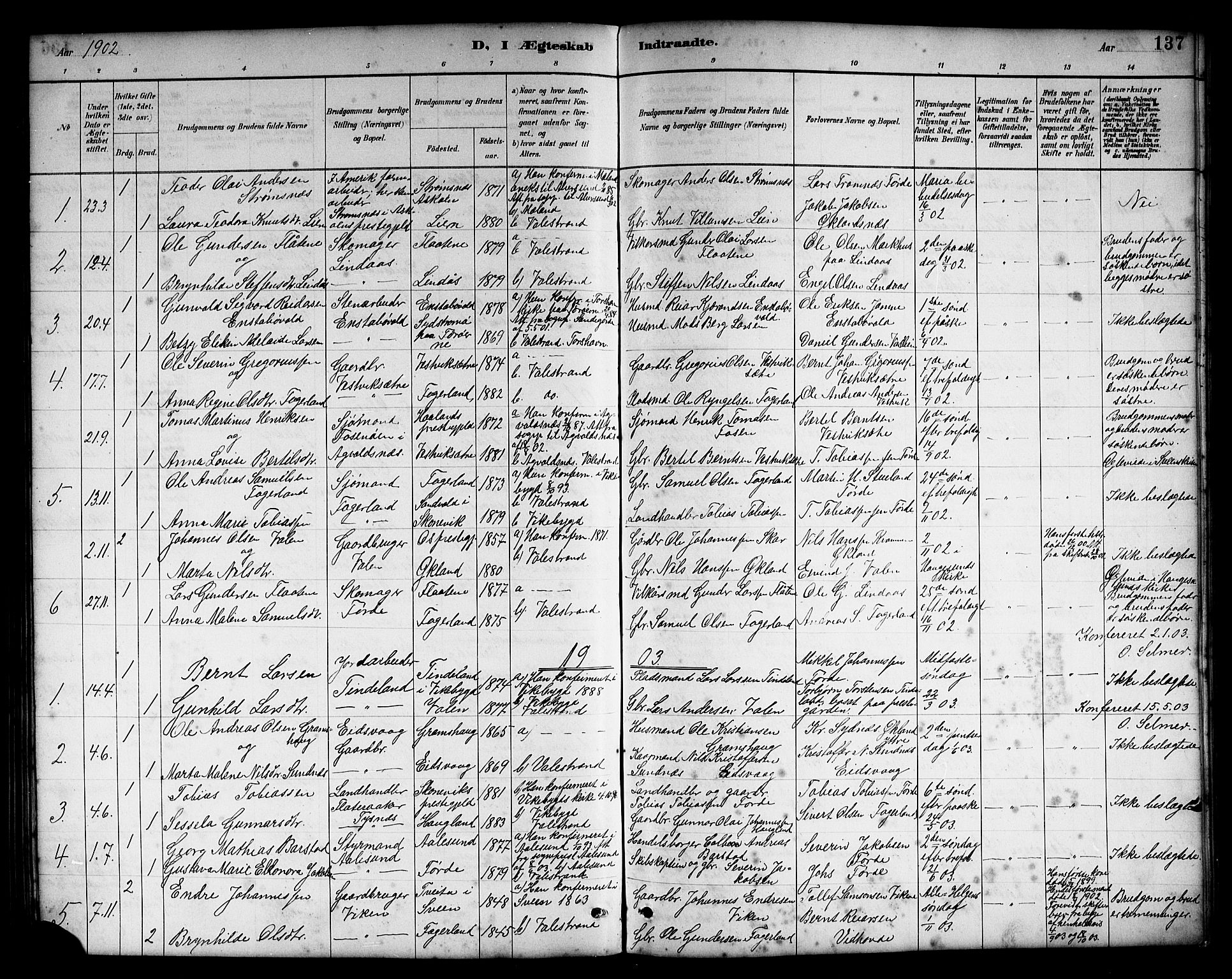 Sveio Sokneprestembete, AV/SAB-A-78501/H/Hab: Klokkerbok nr. B 2, 1887-1911, s. 137
