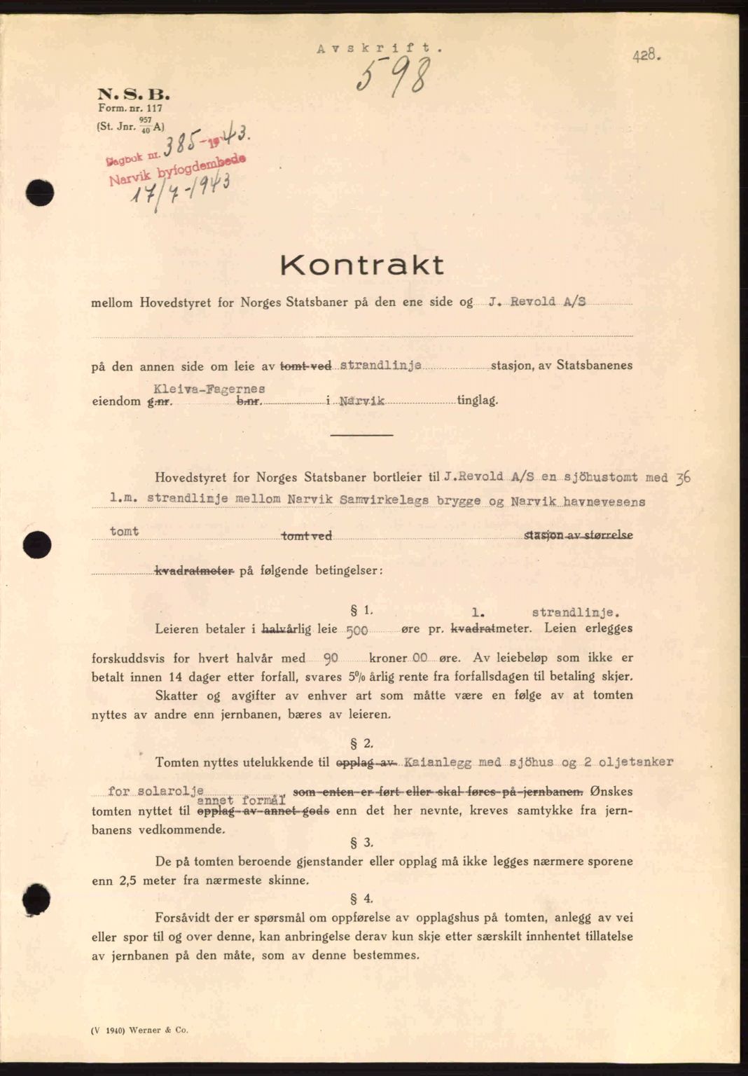 Narvik sorenskriveri, SAT/A-0002/1/2/2C/2Ca: Pantebok nr. A19, 1942-1943, Dagboknr: 385/1943