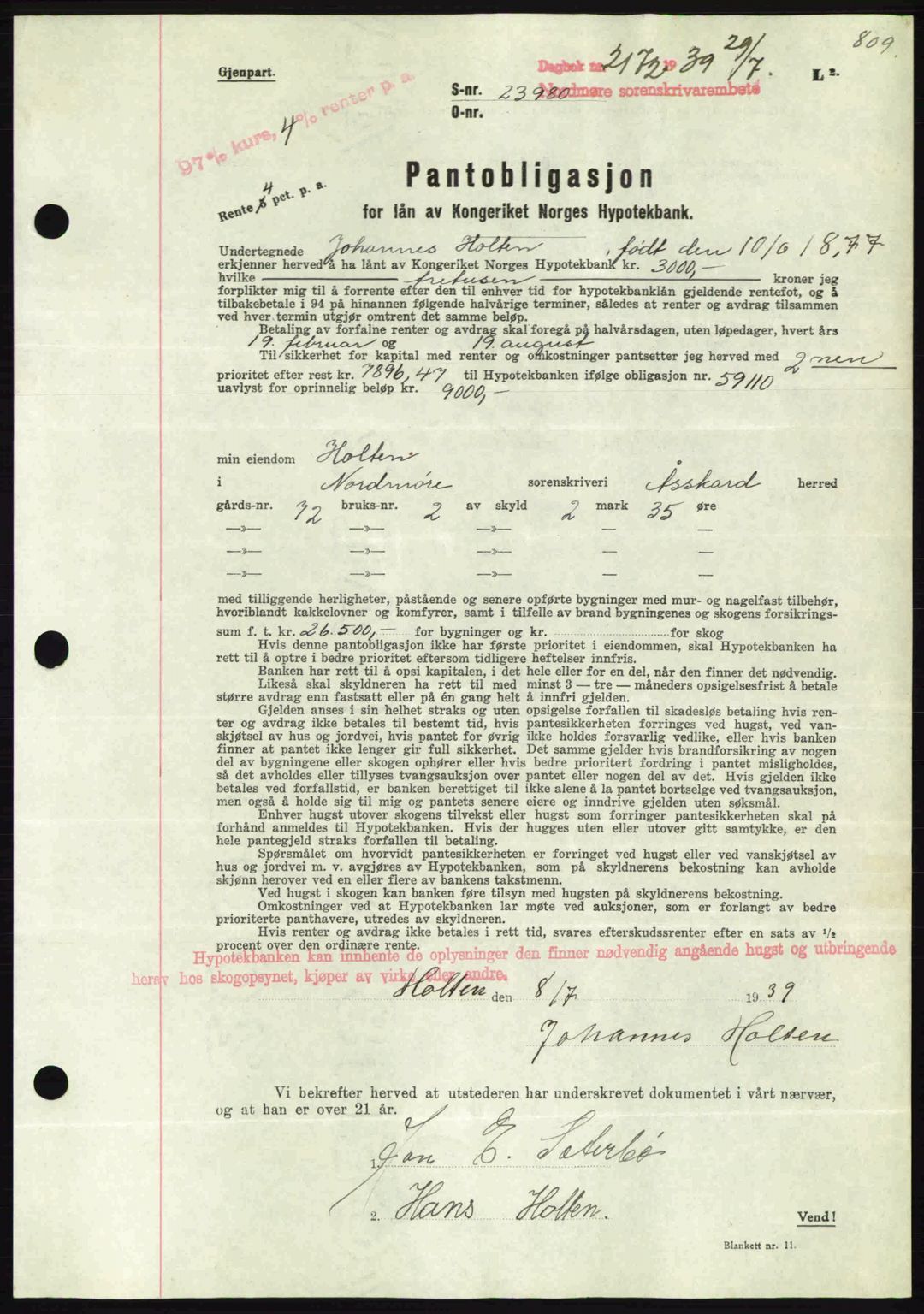 Nordmøre sorenskriveri, AV/SAT-A-4132/1/2/2Ca: Pantebok nr. B85, 1939-1939, Dagboknr: 2172/1939