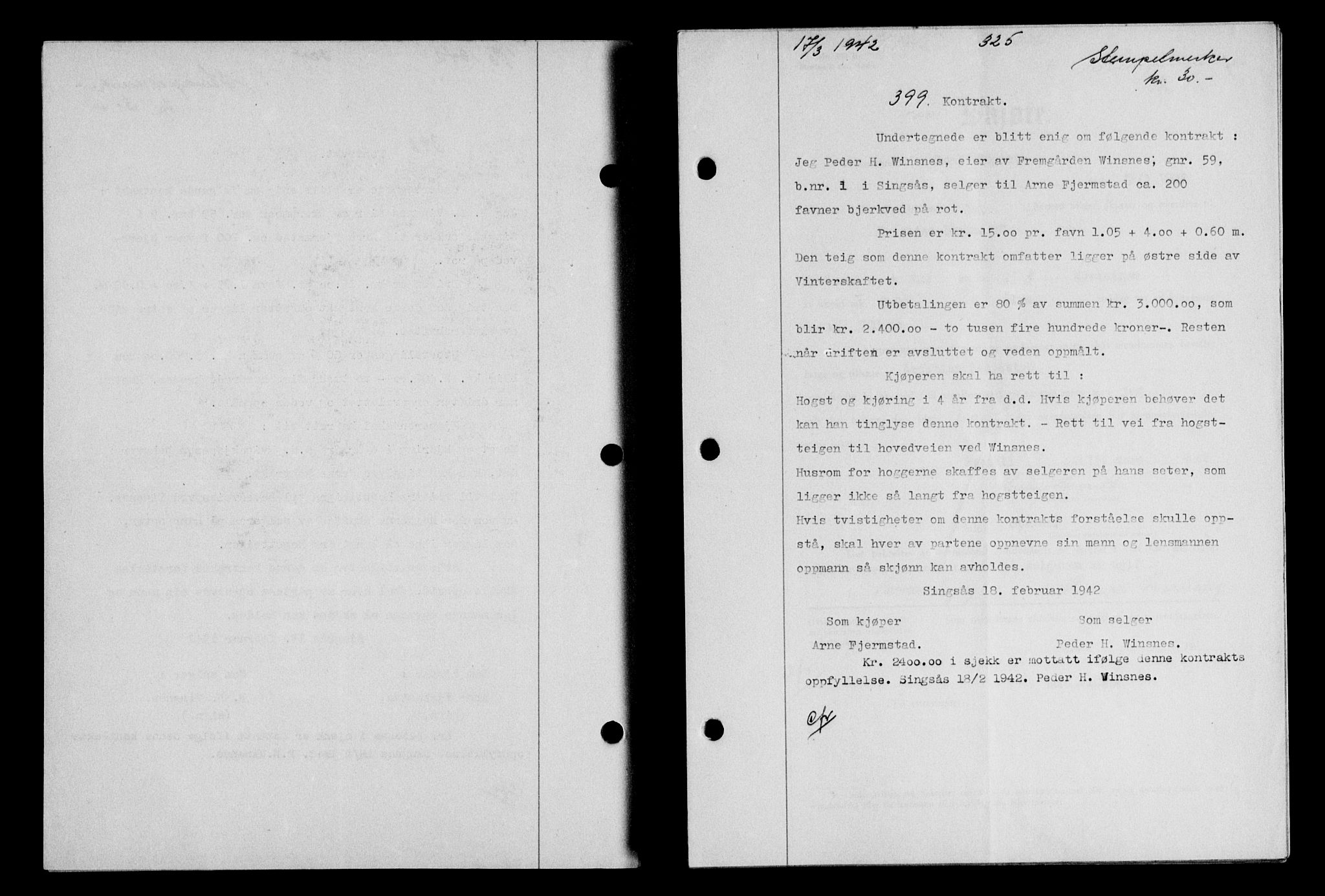 Gauldal sorenskriveri, SAT/A-0014/1/2/2C/L0054: Pantebok nr. 59, 1941-1942, Dagboknr: 399/1942