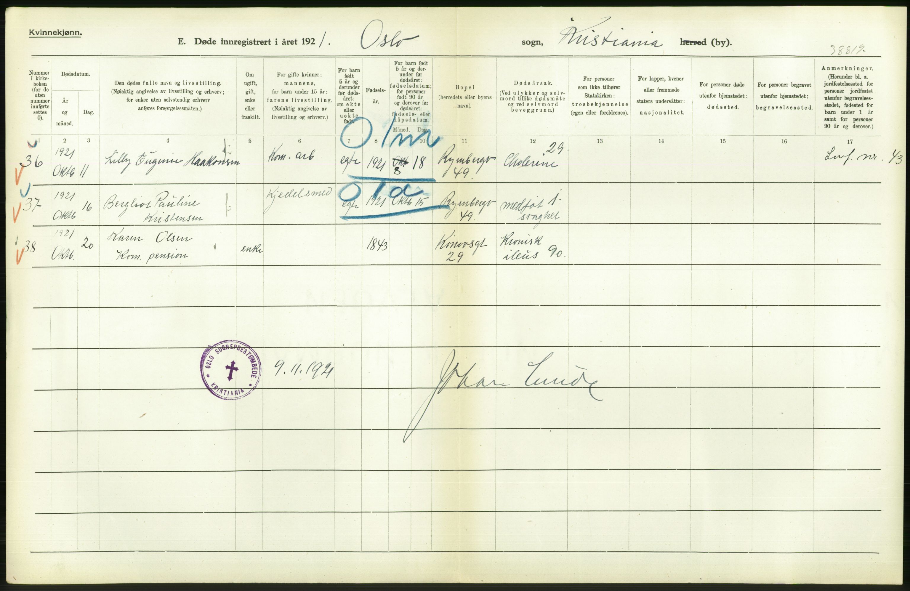 Statistisk sentralbyrå, Sosiodemografiske emner, Befolkning, RA/S-2228/D/Df/Dfc/Dfca/L0013: Kristiania: Døde, dødfødte, 1921, s. 340