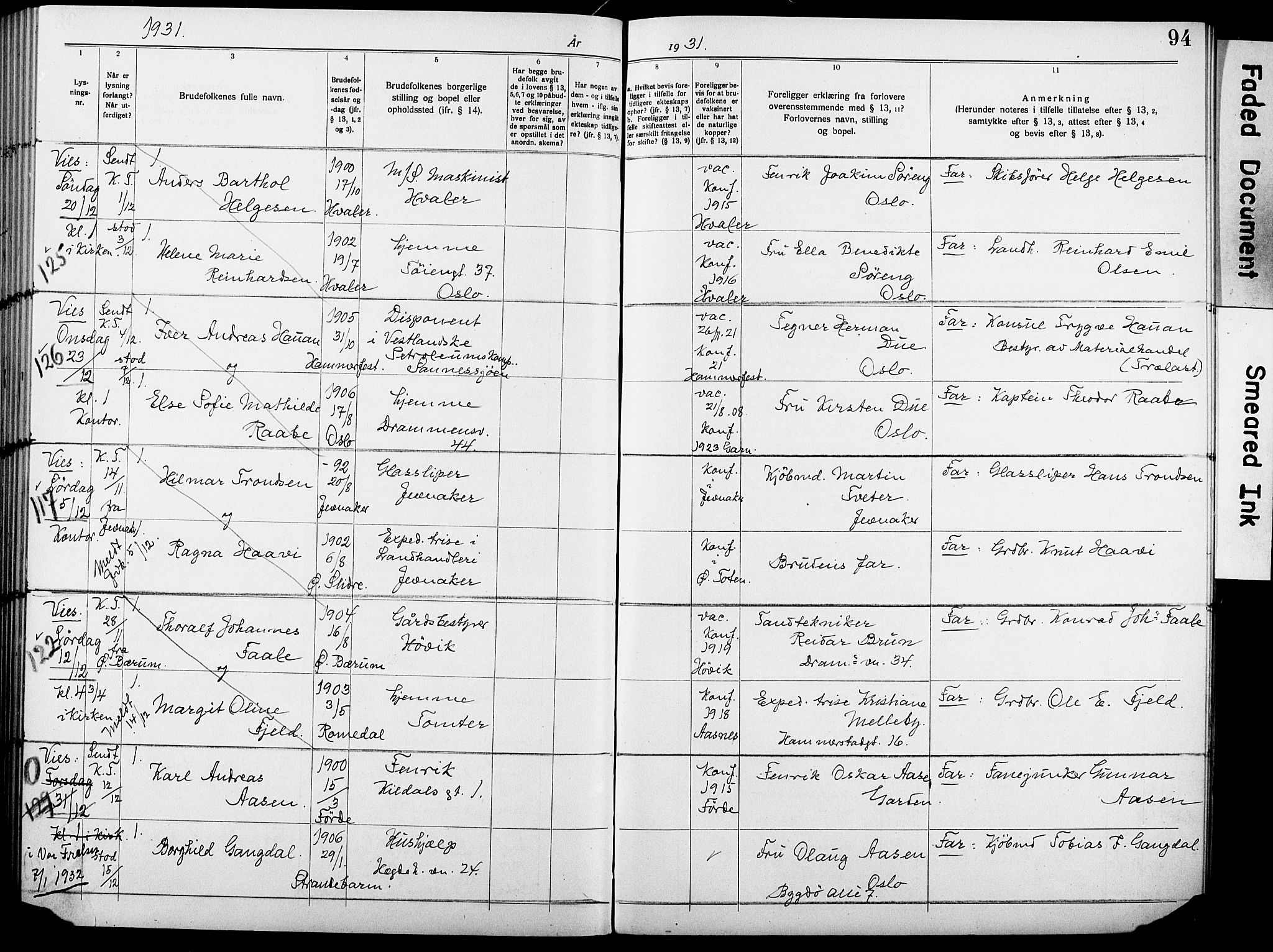 Garnisonsmenigheten Kirkebøker, AV/SAO-A-10846/H/Ha/L0010: Lysningsprotokoll nr. I 10, 1922-1932, s. 94