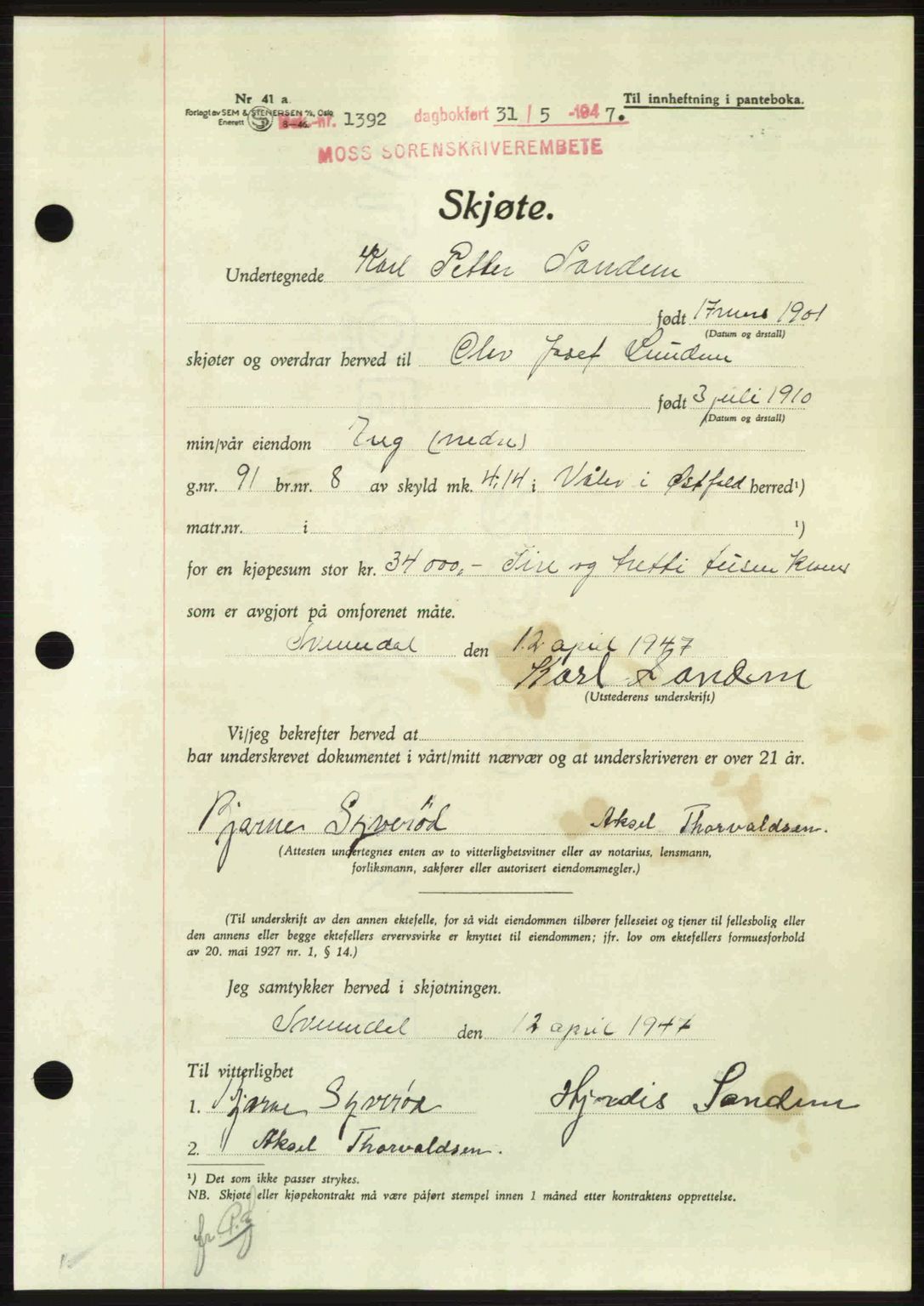 Moss sorenskriveri, SAO/A-10168: Pantebok nr. A17, 1947-1947, Dagboknr: 1392/1947