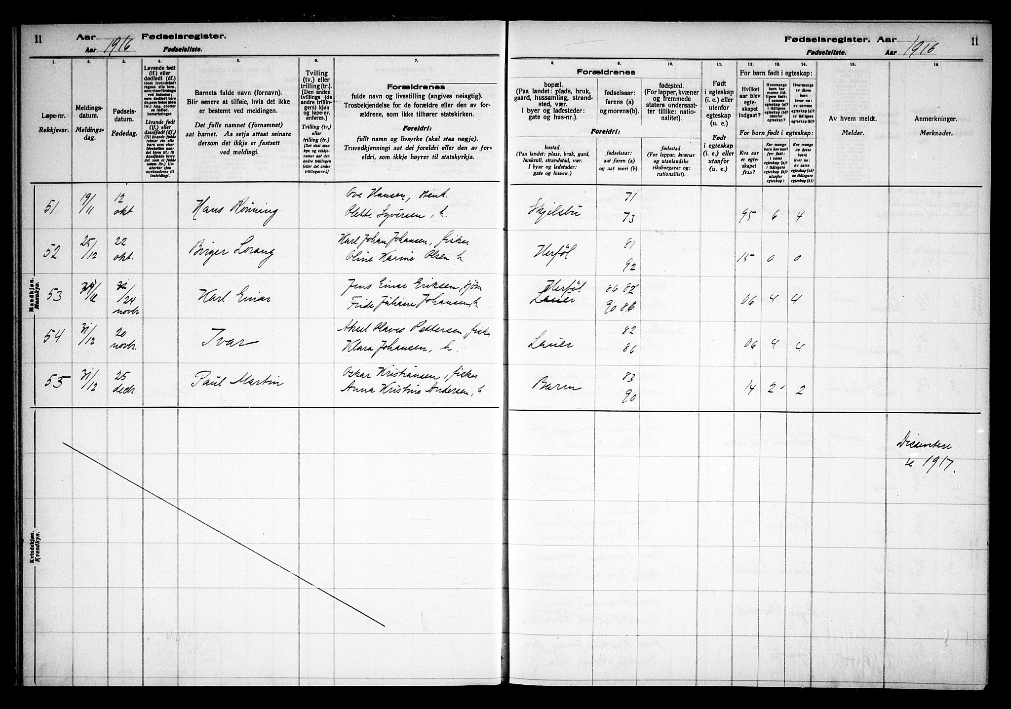 Hvaler prestekontor Kirkebøker, AV/SAO-A-2001/J/Ja/L0001: Fødselsregister nr. I 1, 1916-1938, s. 11