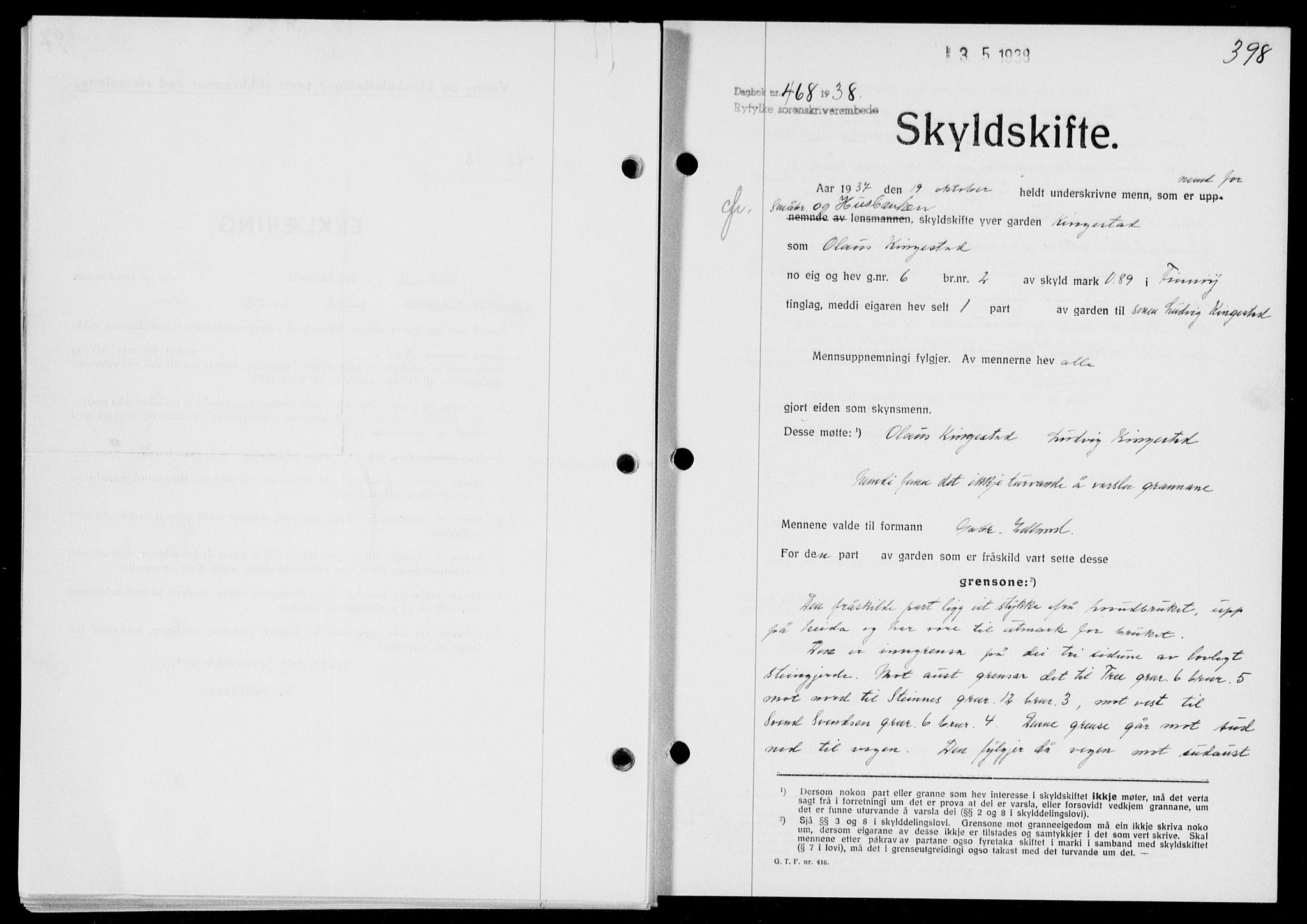 Ryfylke tingrett, SAST/A-100055/001/II/IIB/L0077: Pantebok nr. 56, 1938-1938, Dagboknr: 468/1938
