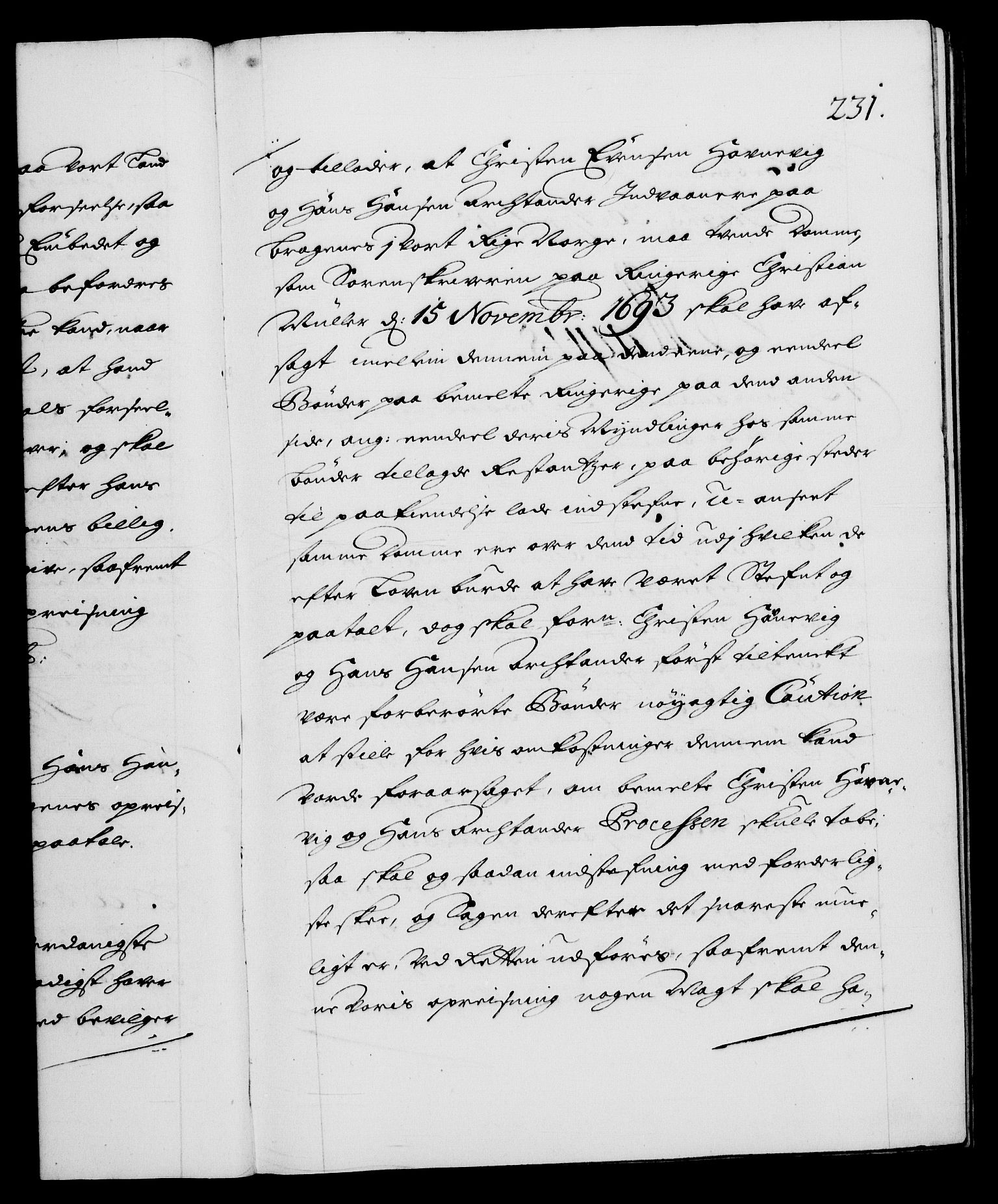 Danske Kanselli 1572-1799, RA/EA-3023/F/Fc/Fca/Fcaa/L0016: Norske registre (mikrofilm), 1692-1697, s. 231a