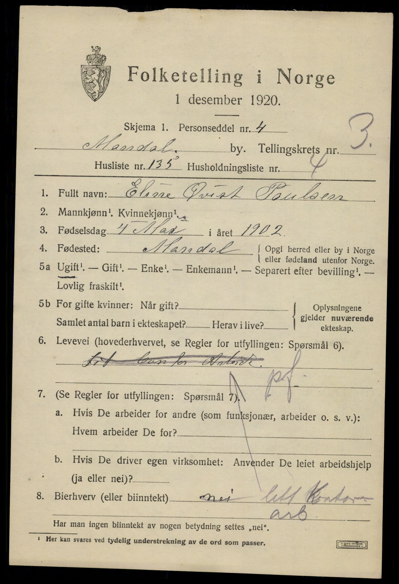 SAK, Folketelling 1920 for 1002 Mandal ladested, 1920, s. 7017