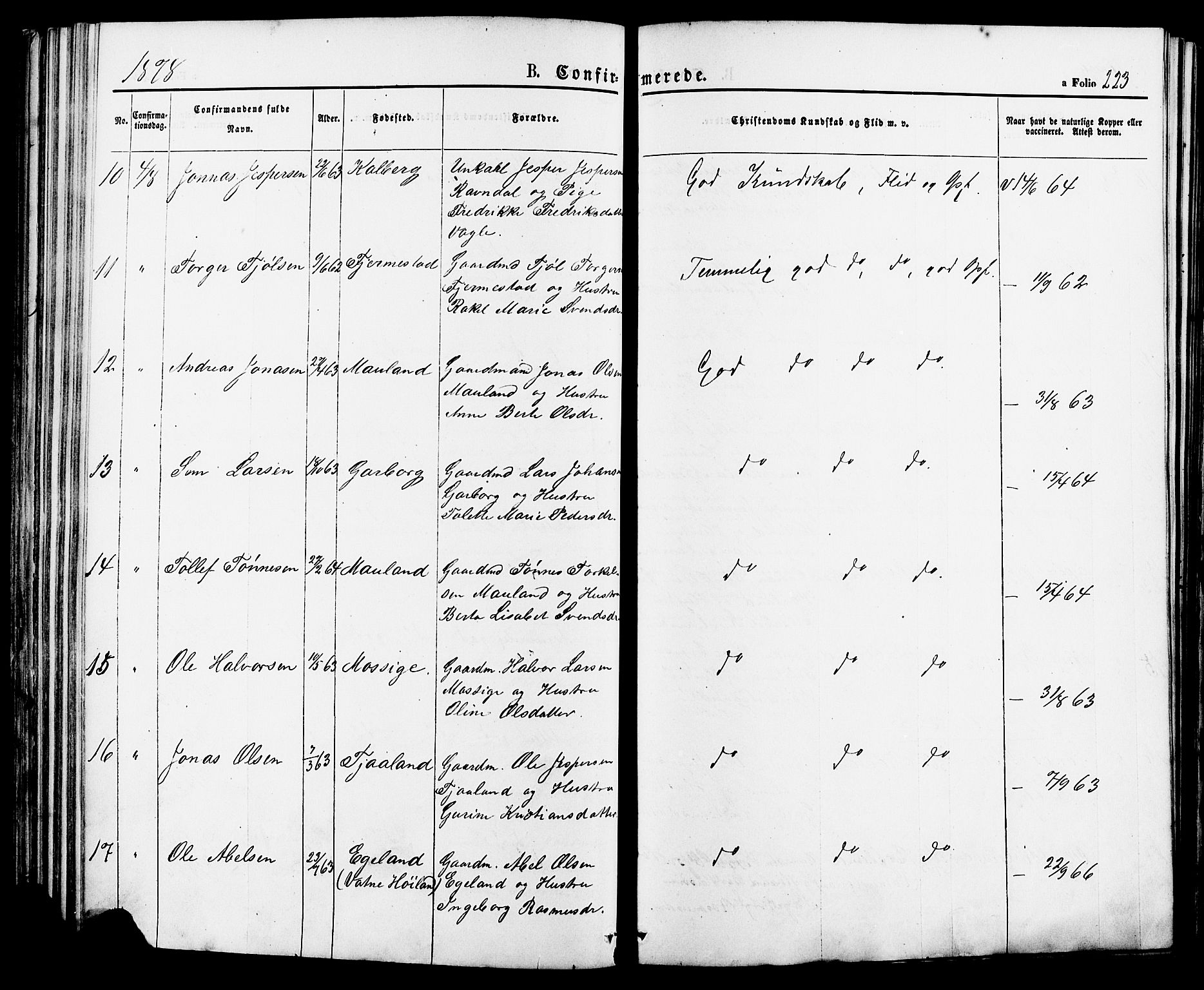 Lye sokneprestkontor, AV/SAST-A-101794/001/30BA/L0008: Ministerialbok nr. A 7, 1872-1881, s. 223
