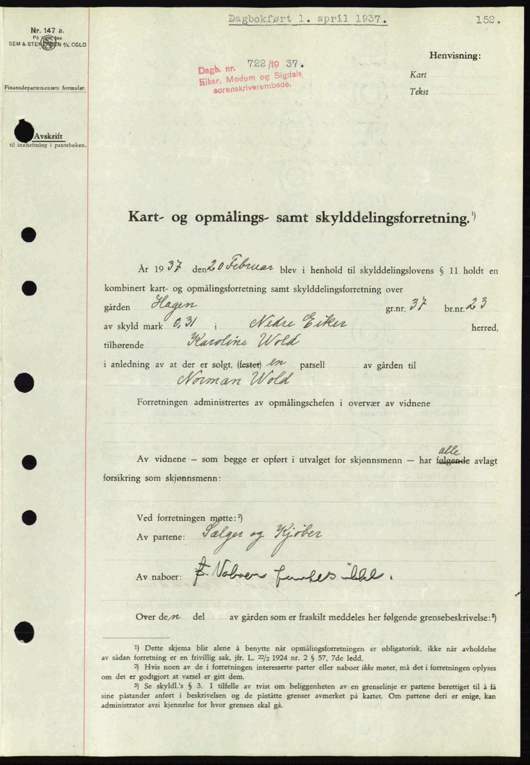 Eiker, Modum og Sigdal sorenskriveri, SAKO/A-123/G/Ga/Gab/L0035: Pantebok nr. A5, 1937-1937, Dagboknr: 722/1937