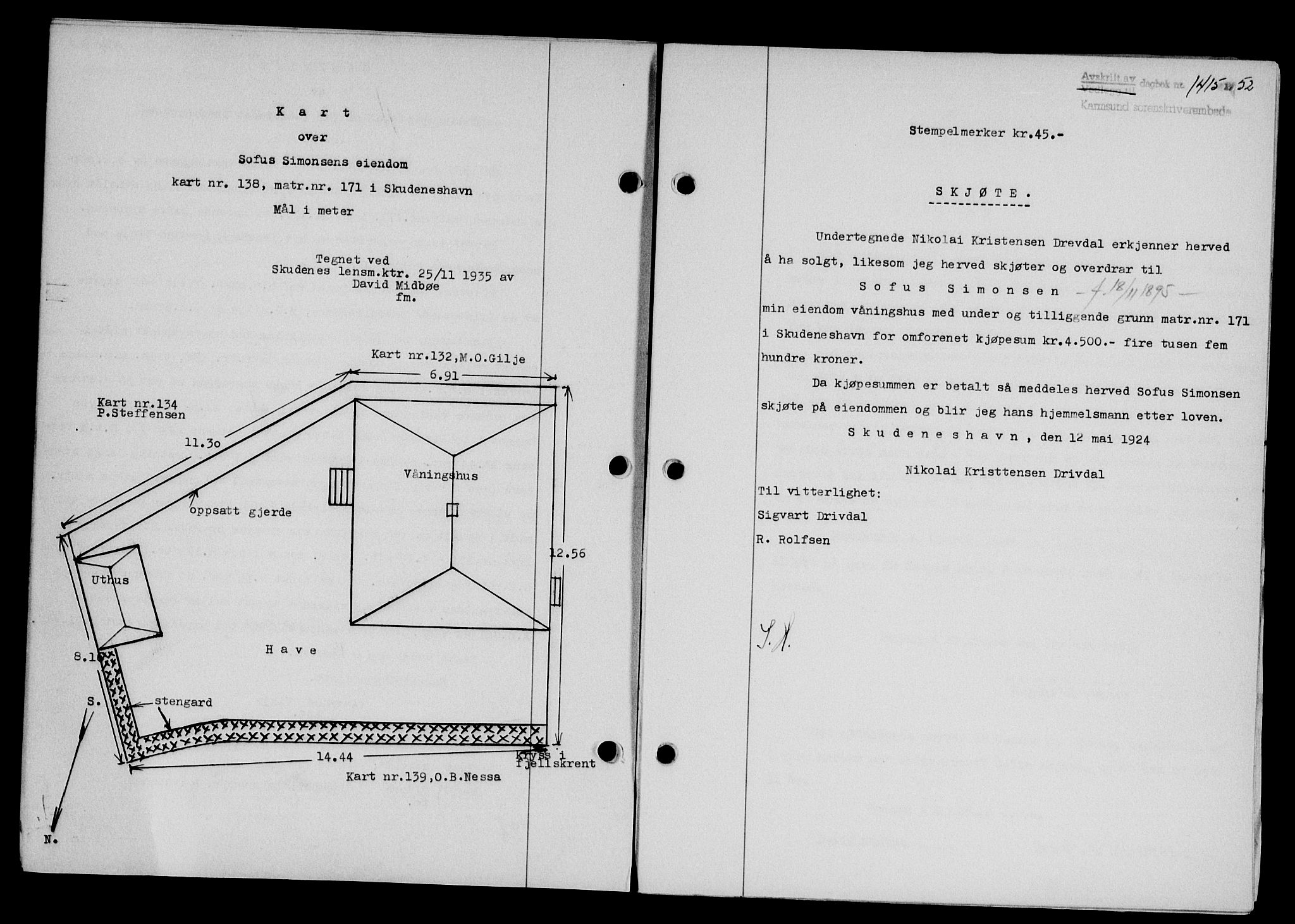 Karmsund sorenskriveri, SAST/A-100311/01/II/IIB/L0105: Pantebok nr. 85A, 1952-1952, Dagboknr: 1415/1952