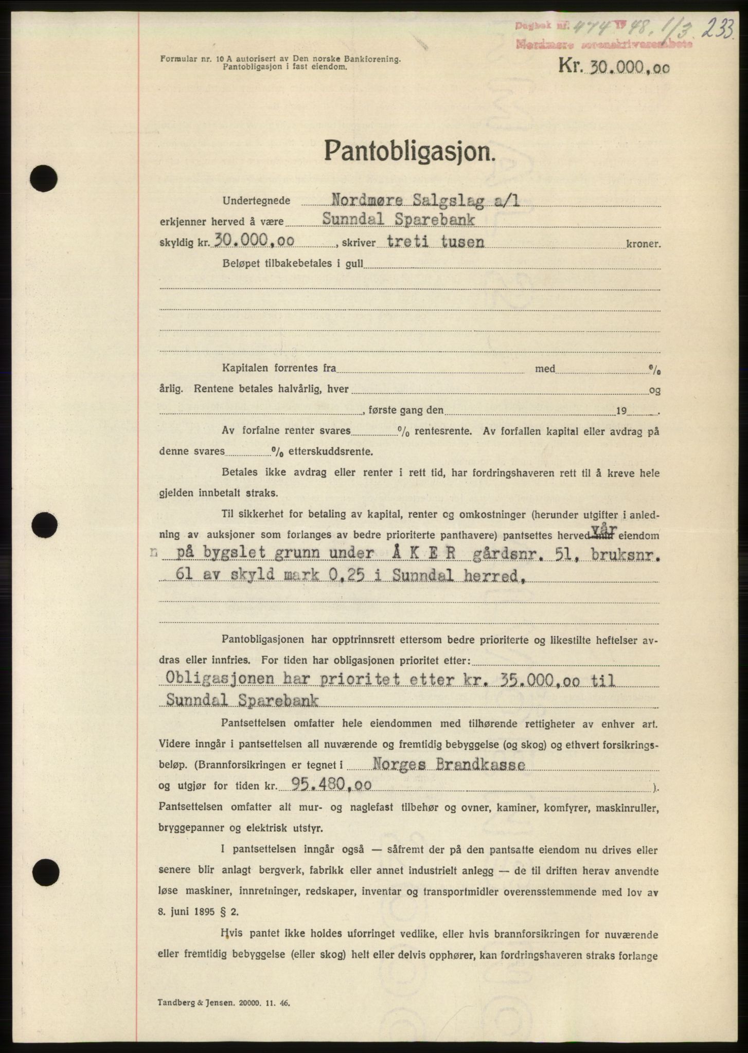 Nordmøre sorenskriveri, SAT/A-4132/1/2/2Ca: Pantebok nr. B98, 1948-1948, Dagboknr: 474/1948
