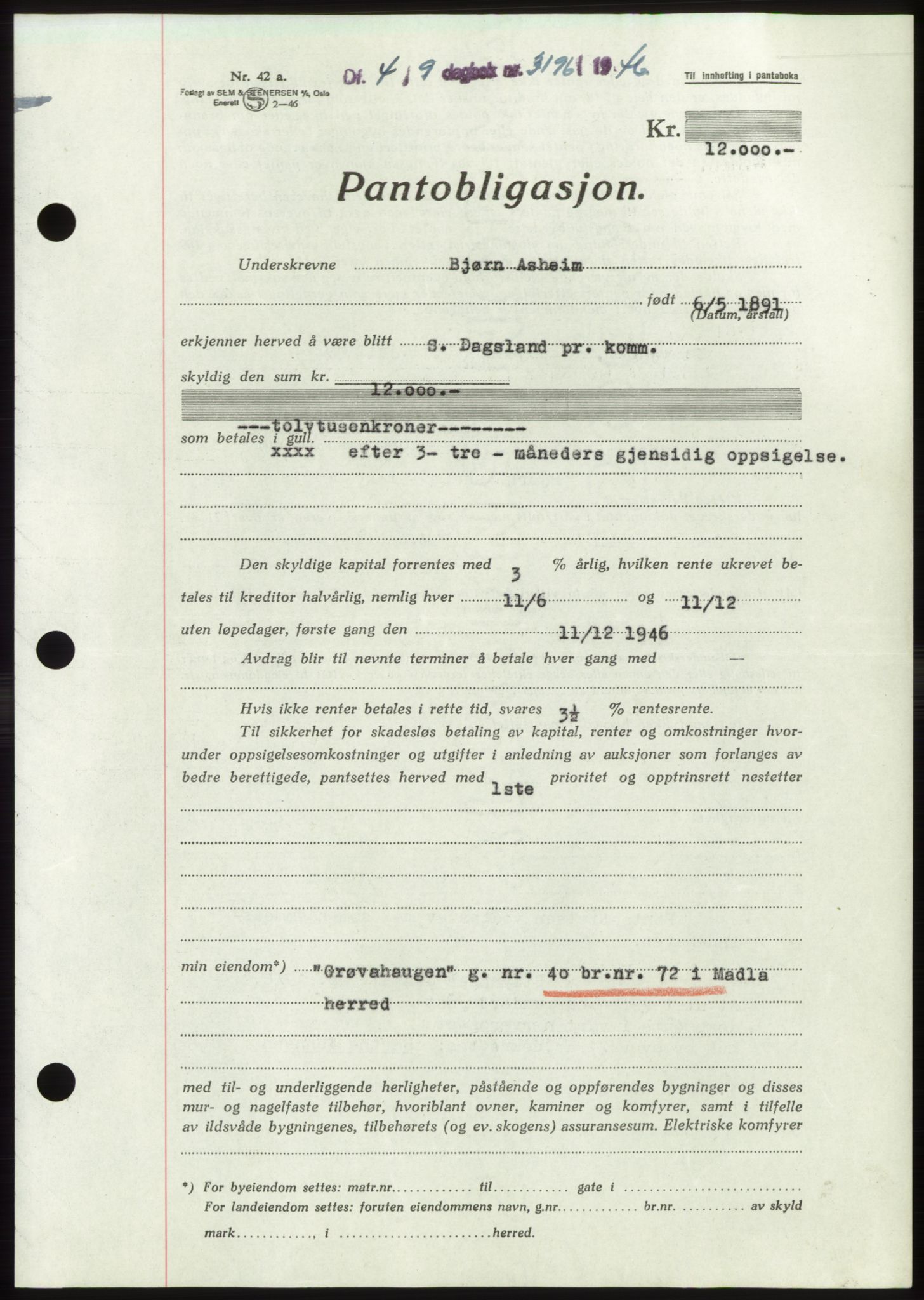 Jæren sorenskriveri, SAST/A-100310/03/G/Gba/L0091: Pantebok, 1946-1946, Dagboknr: 3196/1946