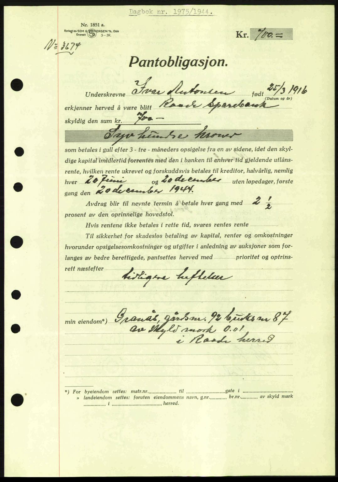 Moss sorenskriveri, SAO/A-10168: Pantebok nr. B13, 1943-1945, Dagboknr: 1975/1944