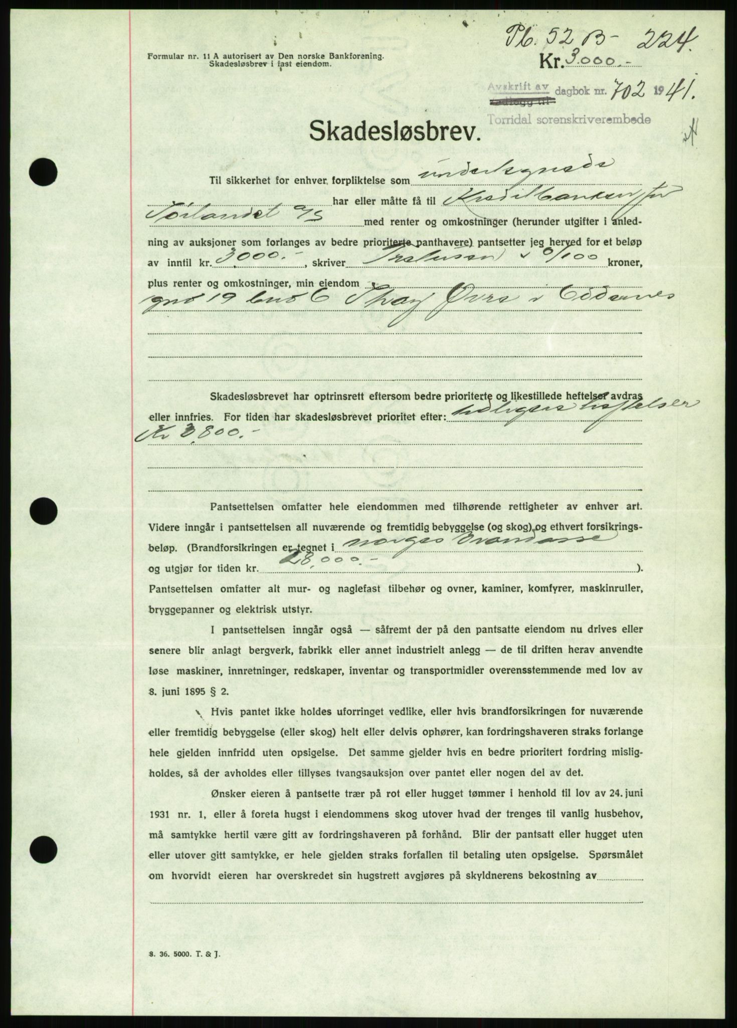 Torridal sorenskriveri, SAK/1221-0012/G/Gb/Gbb/L0008: Pantebok nr. 52b, 1940-1942, Dagboknr: 702/1941