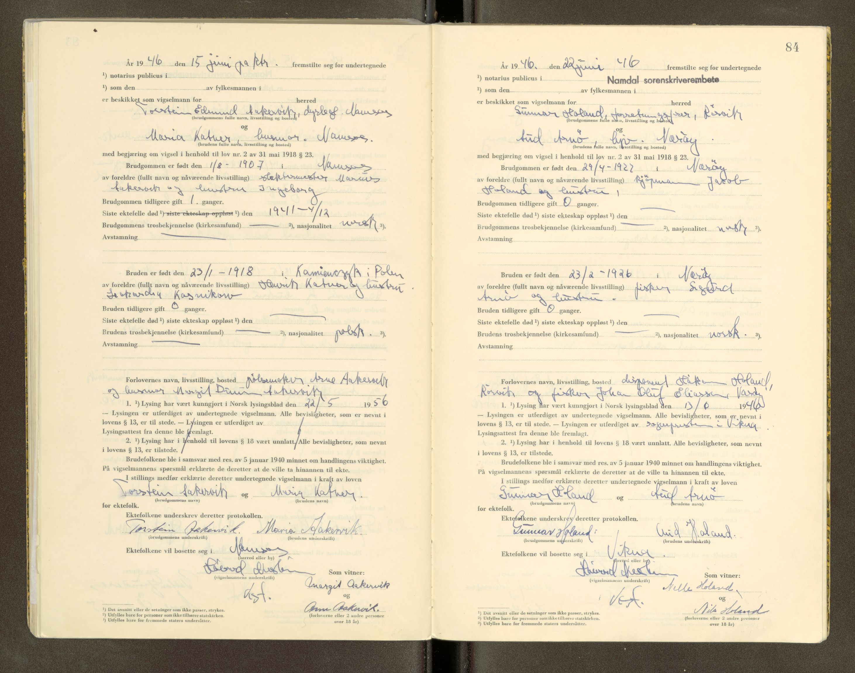 Namdal sorenskriveri, SAT/A-4133/1/6/6D/L0001: Vigselbøker, 1940-1948, s. 84