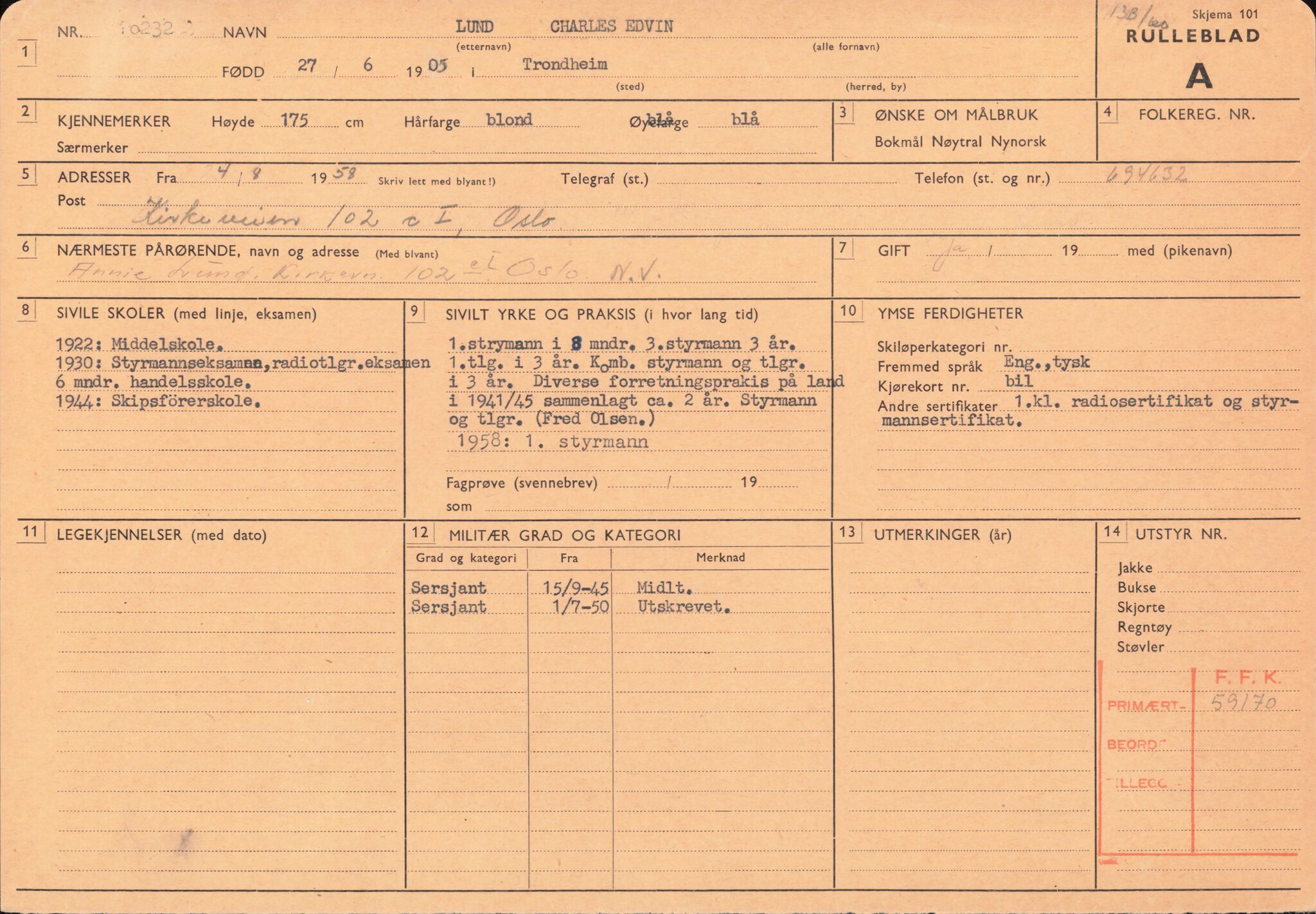 Forsvaret, Forsvarets overkommando/Luftforsvarsstaben, AV/RA-RAFA-4079/P/Pa/L0013: Personellmapper, 1905, s. 424