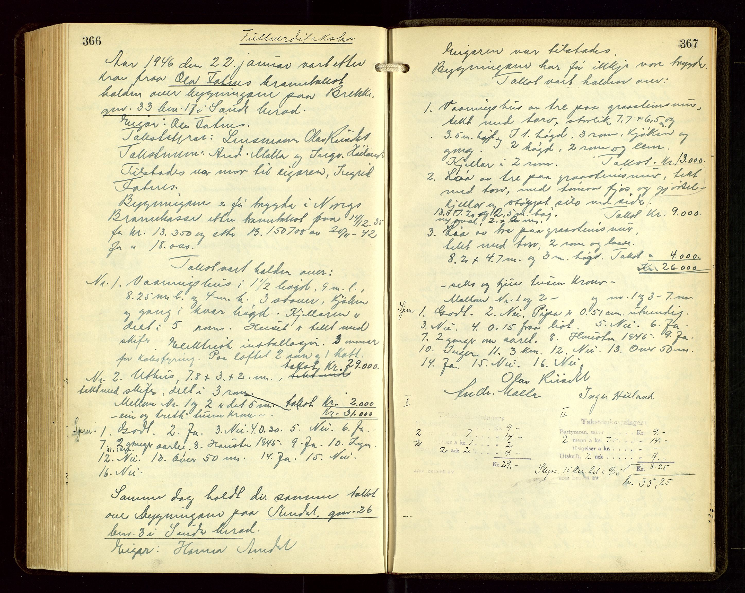 Sauda lensmannskontor, SAST/A-100177/Goa/L0004: "Brandtakstprotokoll for Sauda lensmannsdistrikt", 1934-1946, s. 366-367