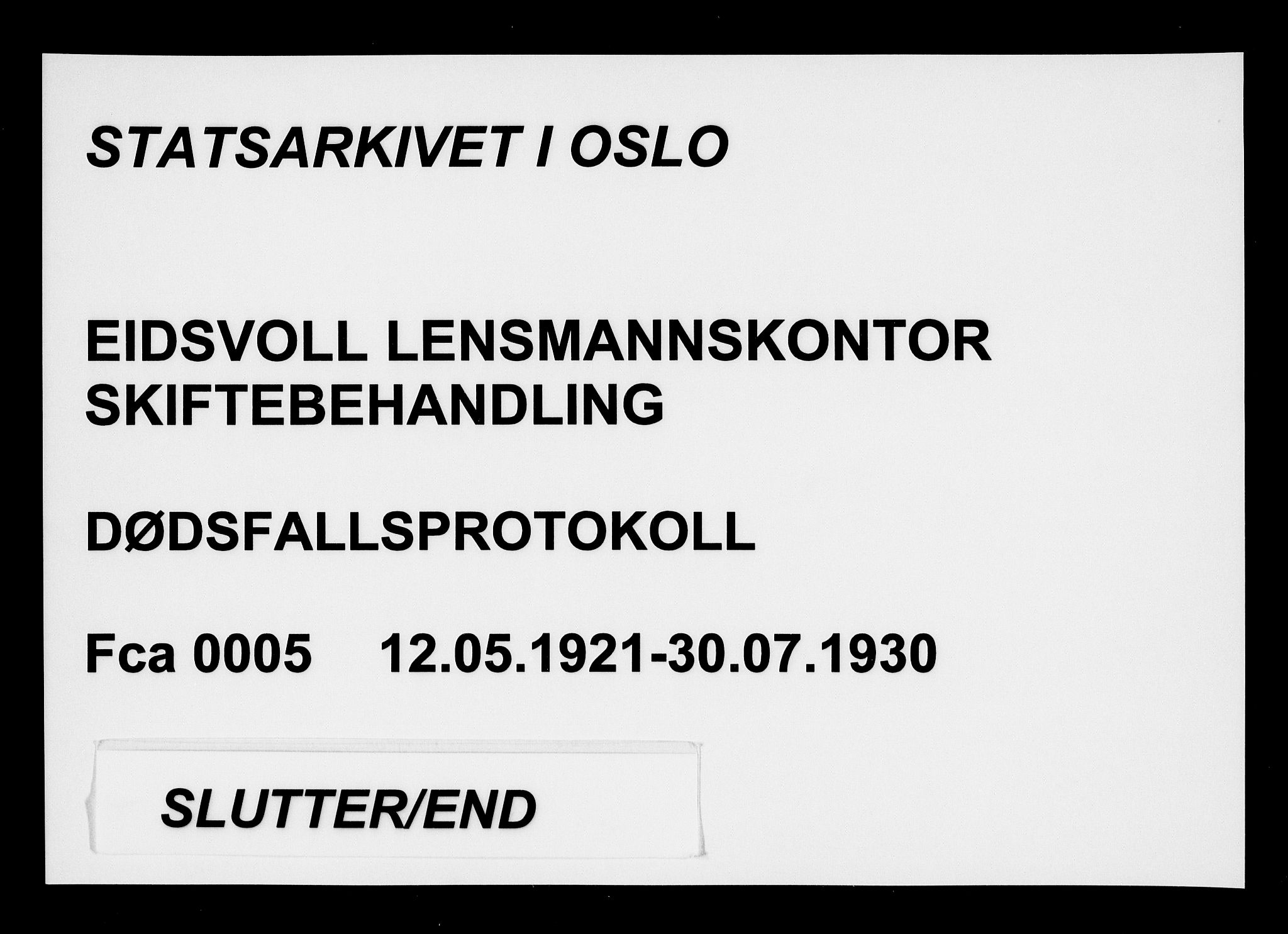 Eidsvoll lensmannskontor, SAO/A-10266a/H/Ha/Haa/L0005: Dødsfallprotokoll, 1921-1930