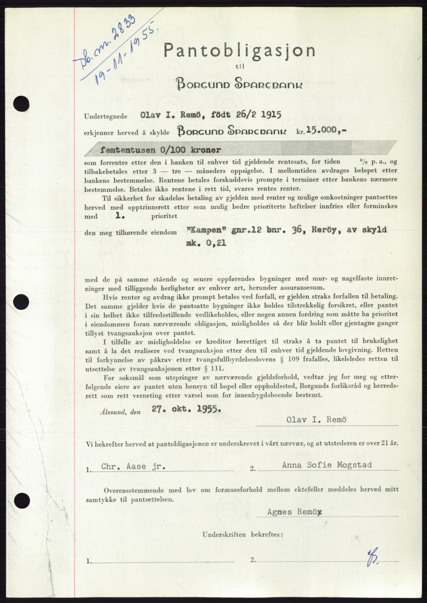 Søre Sunnmøre sorenskriveri, SAT/A-4122/1/2/2C/L0127: Pantebok nr. 15B, 1955-1955, Dagboknr: 2833/1955