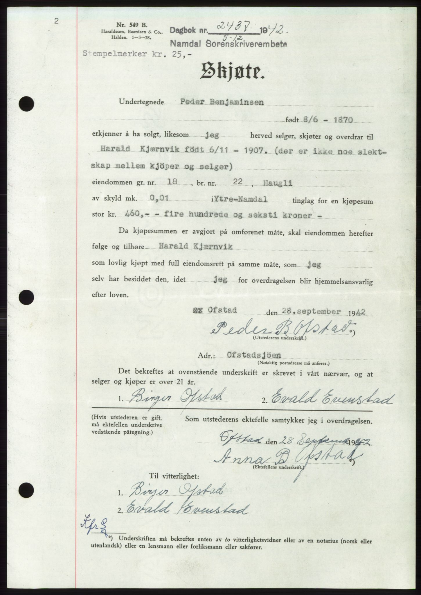 Namdal sorenskriveri, SAT/A-4133/1/2/2C: Pantebok nr. -, 1942-1943, Dagboknr: 2437/1942