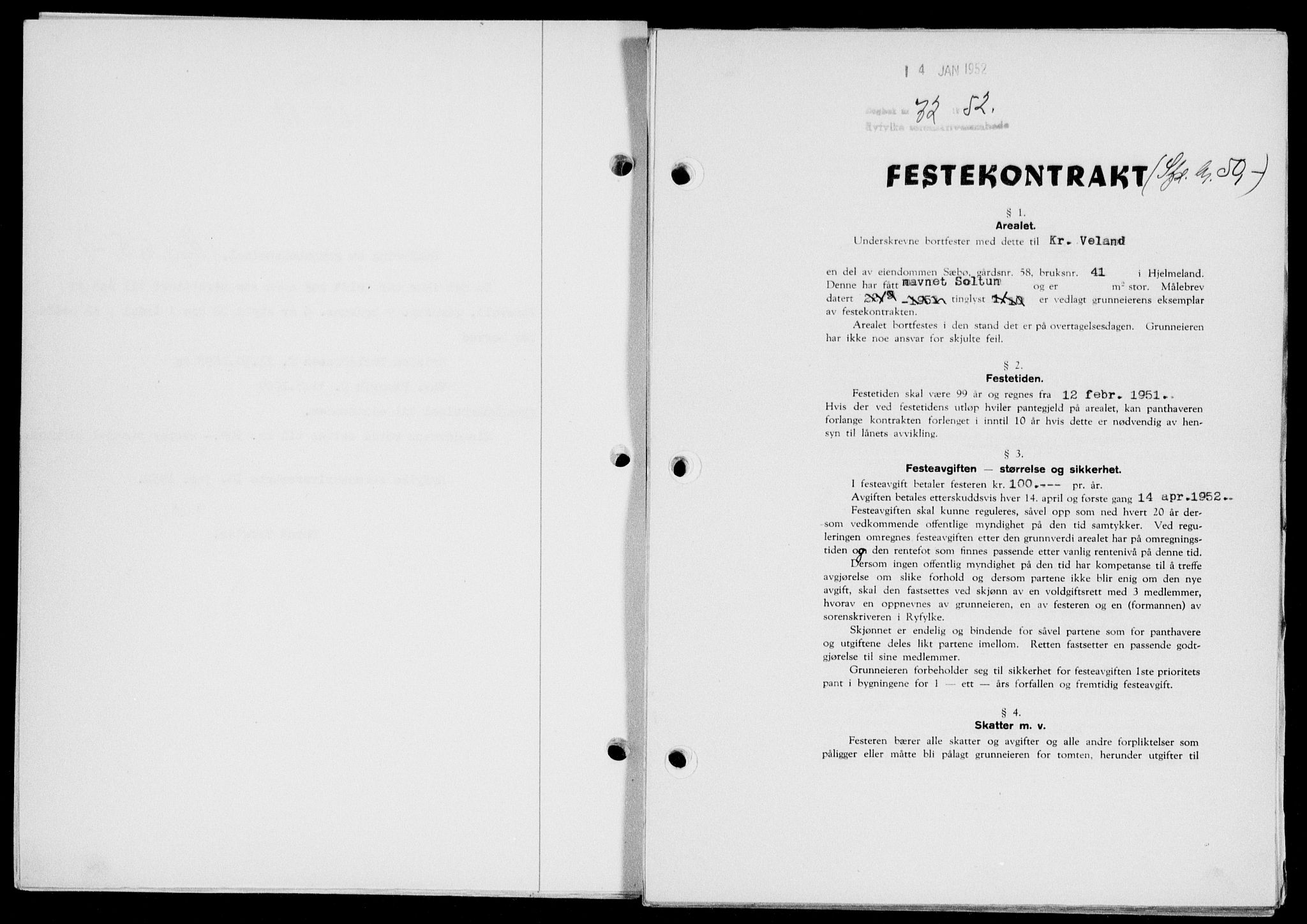 Ryfylke tingrett, SAST/A-100055/001/II/IIB/L0116: Pantebok nr. 95, 1951-1952, Dagboknr: 72/1952