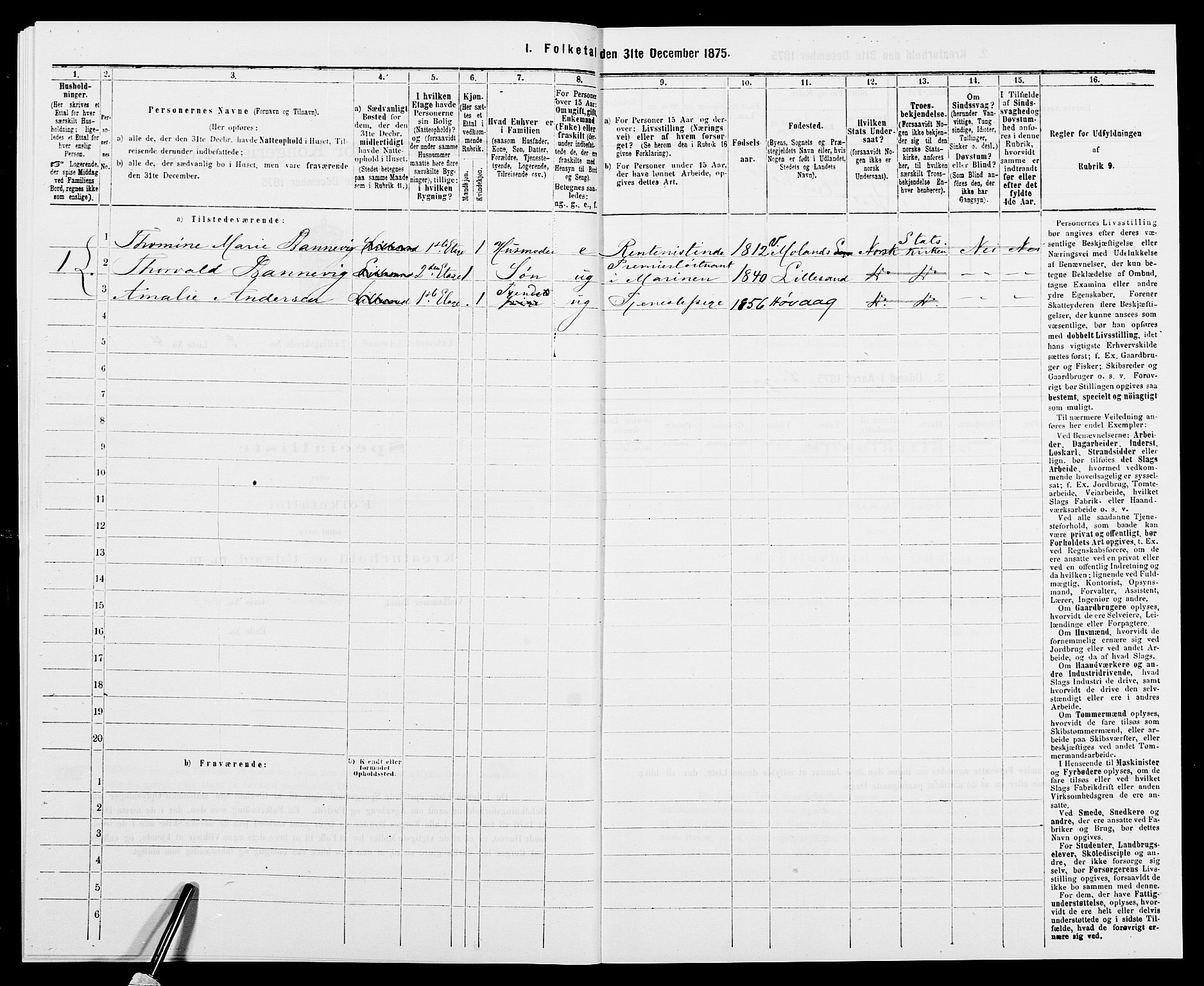 SAK, Folketelling 1875 for 0905B Vestre Moland prestegjeld, Lillesand ladested, 1875, s. 211