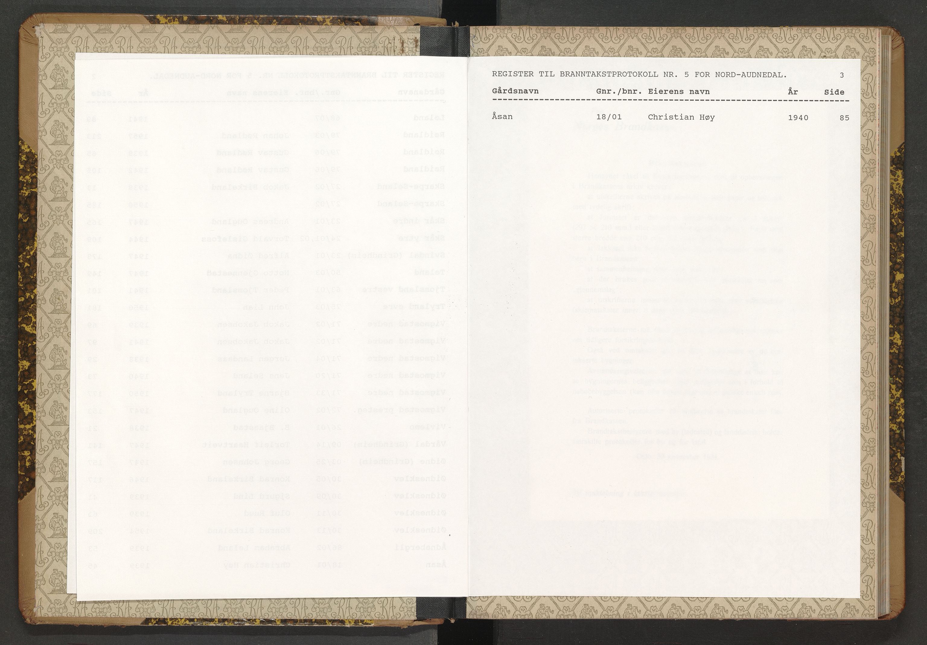 Norges Brannkasse Nord-Audnedal, AV/SAK-2241-0041/F/Fa/L0005: Branntakstprotokoll nr. 5 med gårdsnavnregister, 1938-1957