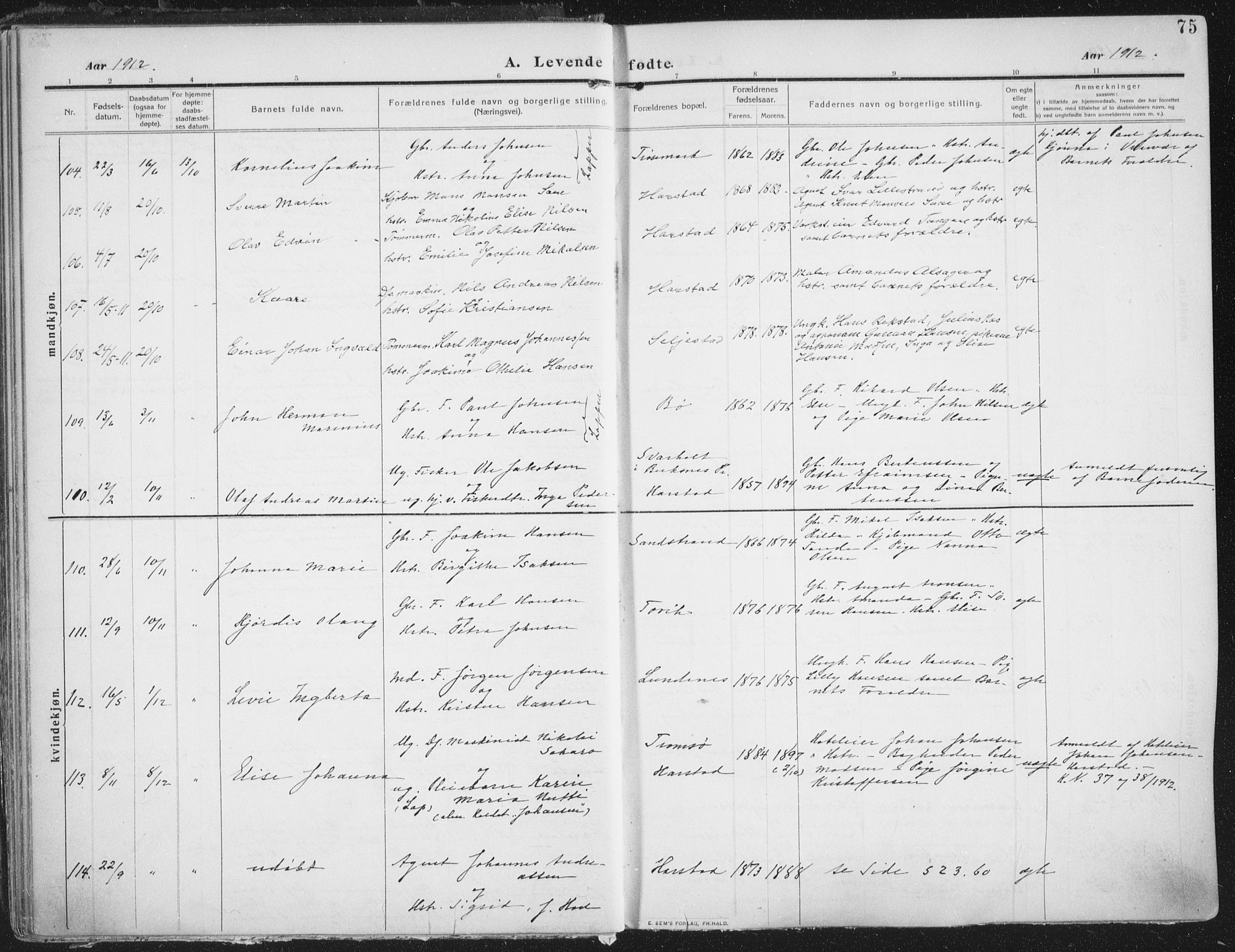 Trondenes sokneprestkontor, AV/SATØ-S-1319/H/Ha/L0018kirke: Ministerialbok nr. 18, 1909-1918, s. 75