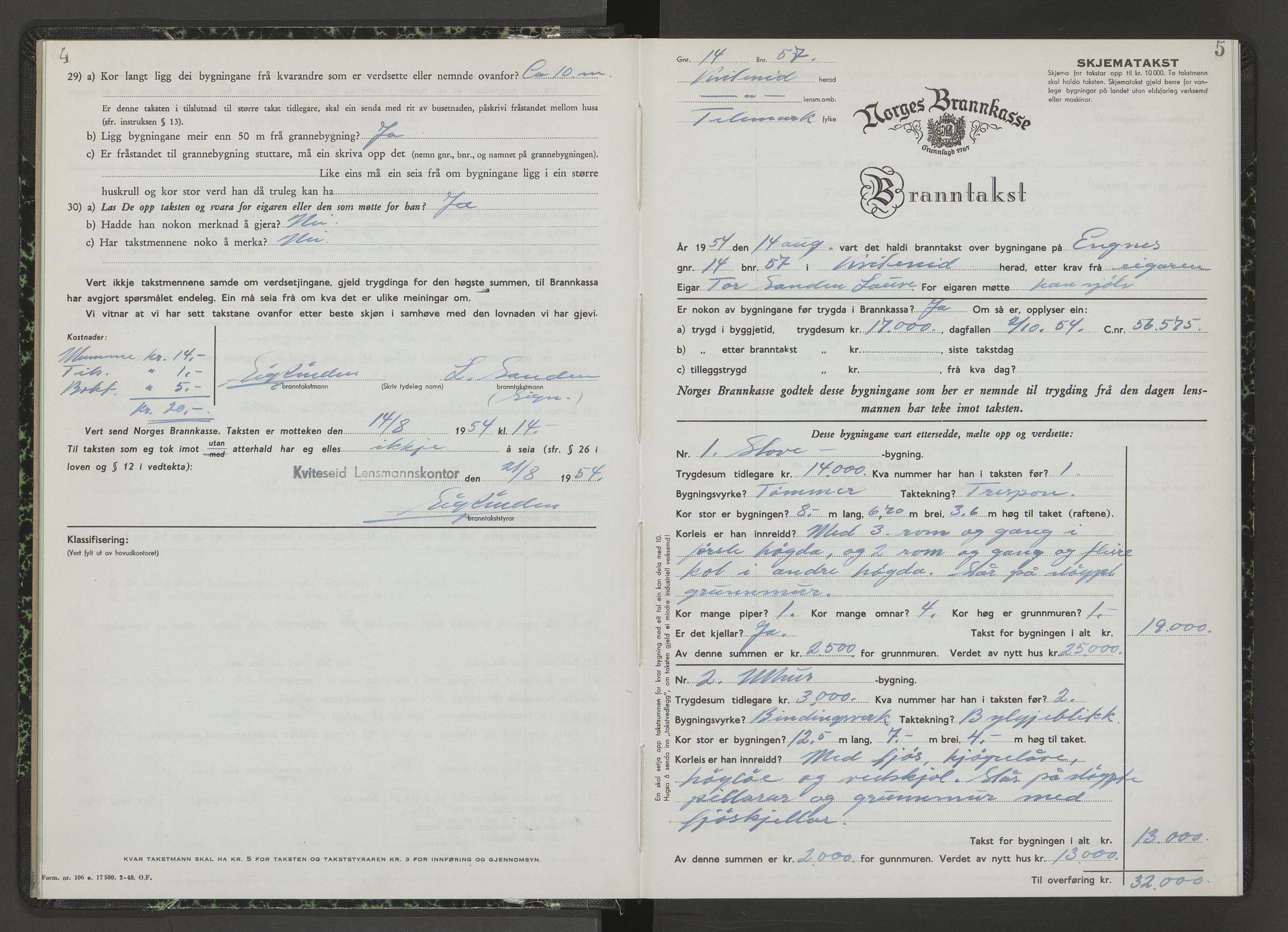 Kviteseid lensmannskontor, AV/SAKO-A-562/Y/Yd/Ydb/L0008: Skjematakstprotokoll, 1954-1955