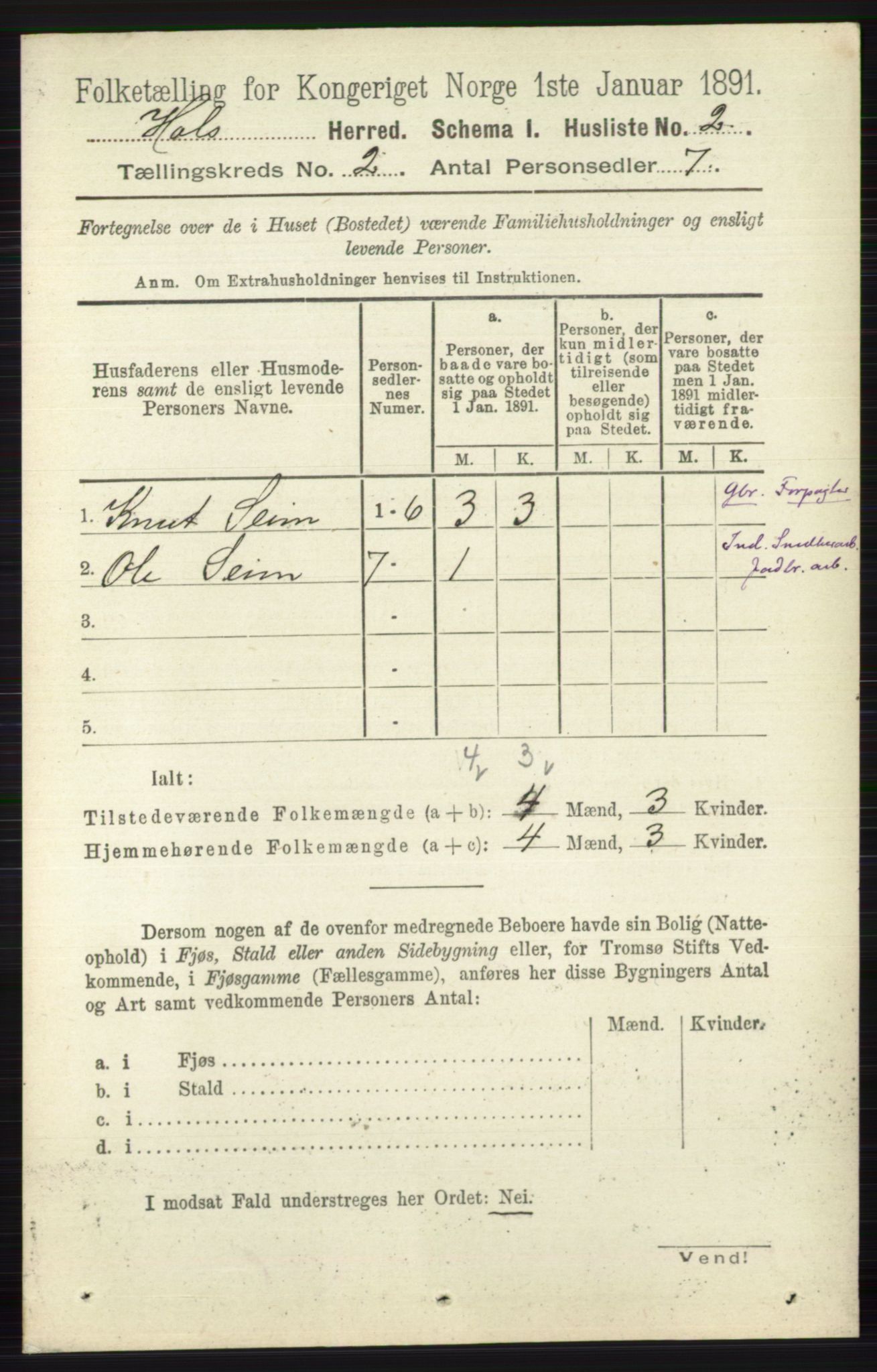 RA, Folketelling 1891 for 0620 Hol herred, 1891, s. 284