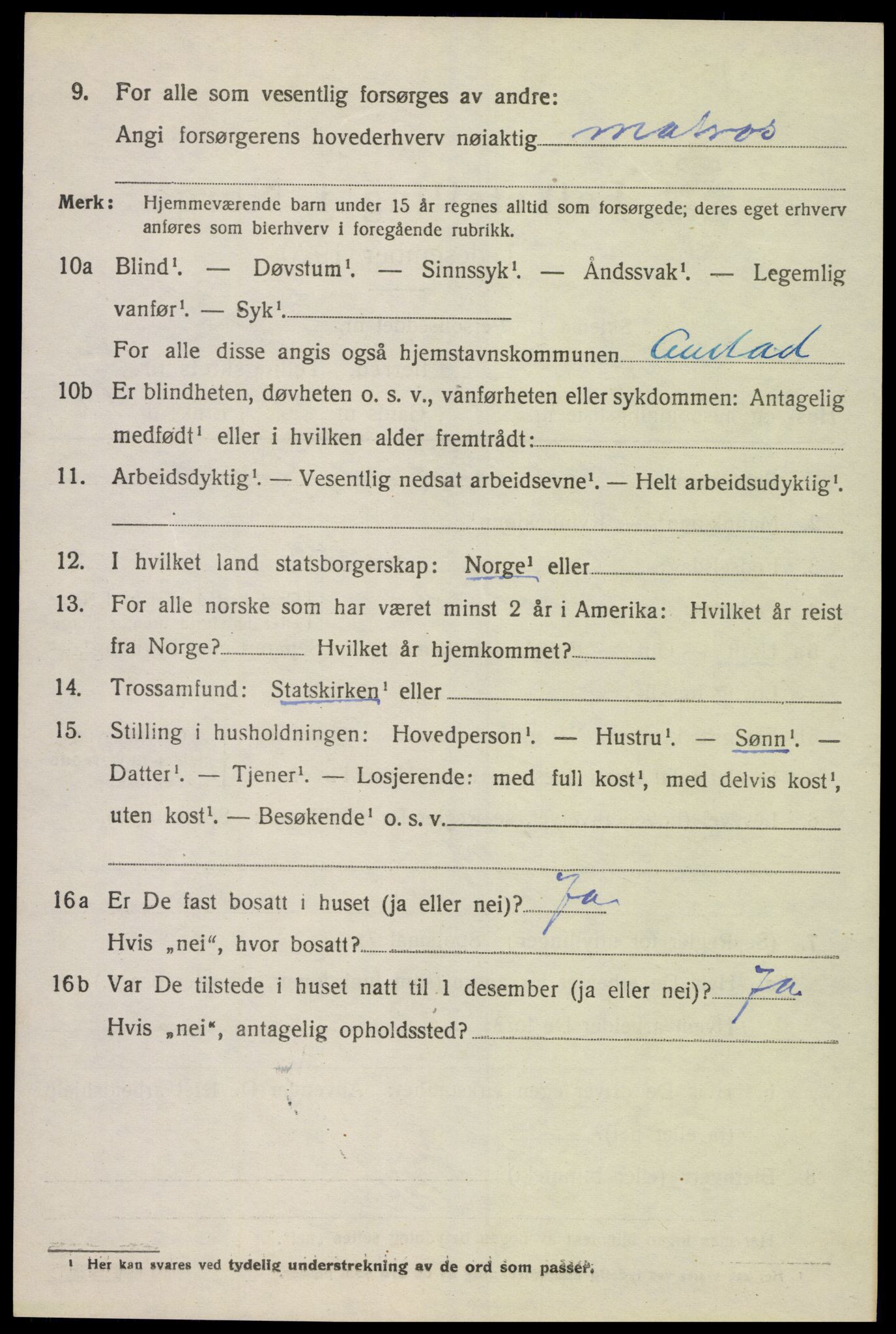 SAK, Folketelling 1920 for 1031 Austad herred, 1920, s. 1412