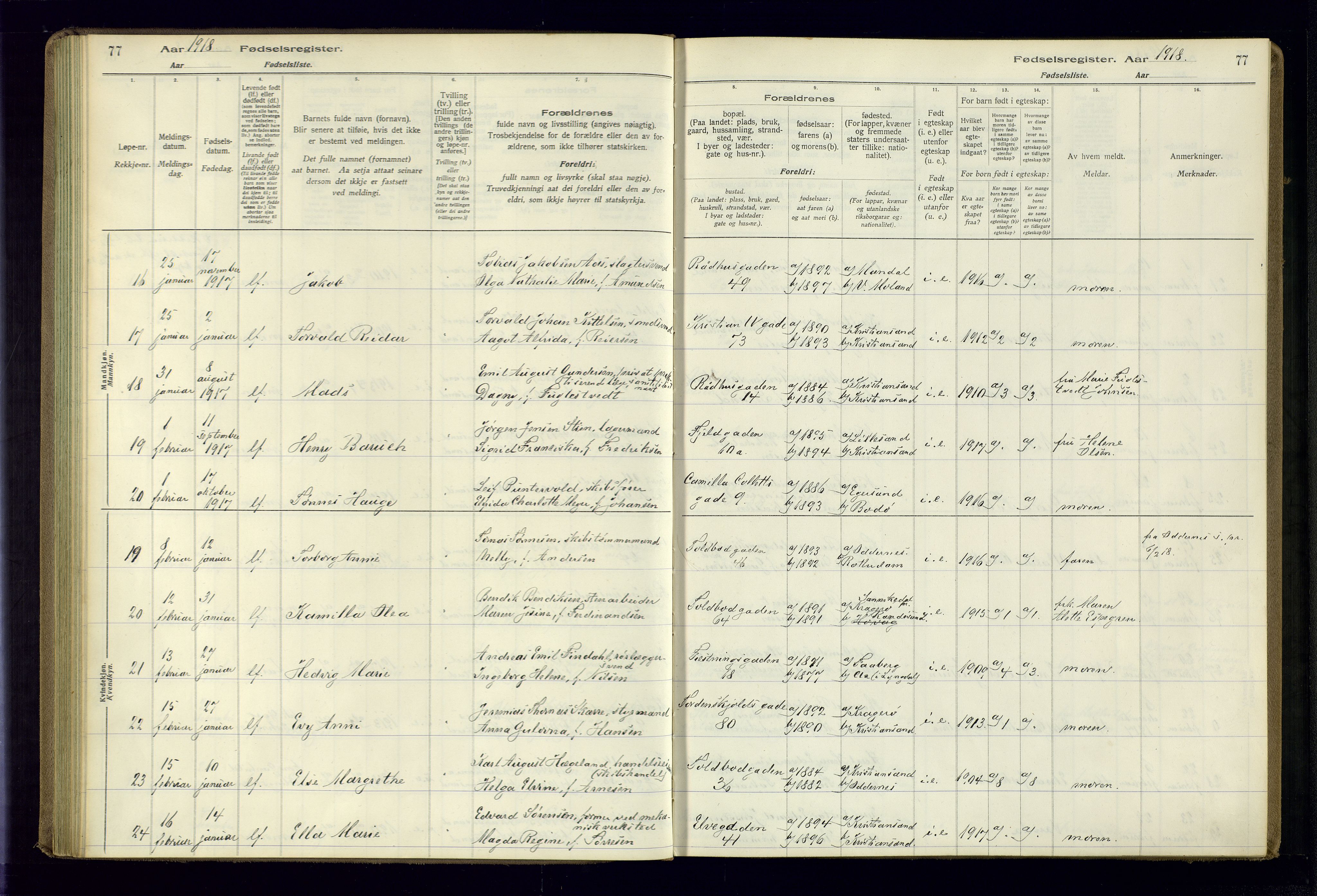 Kristiansand domprosti, AV/SAK-1112-0006/J/Jc/L0001: Fødselsregister nr. A-VI-45, 1916-1921, s. 77