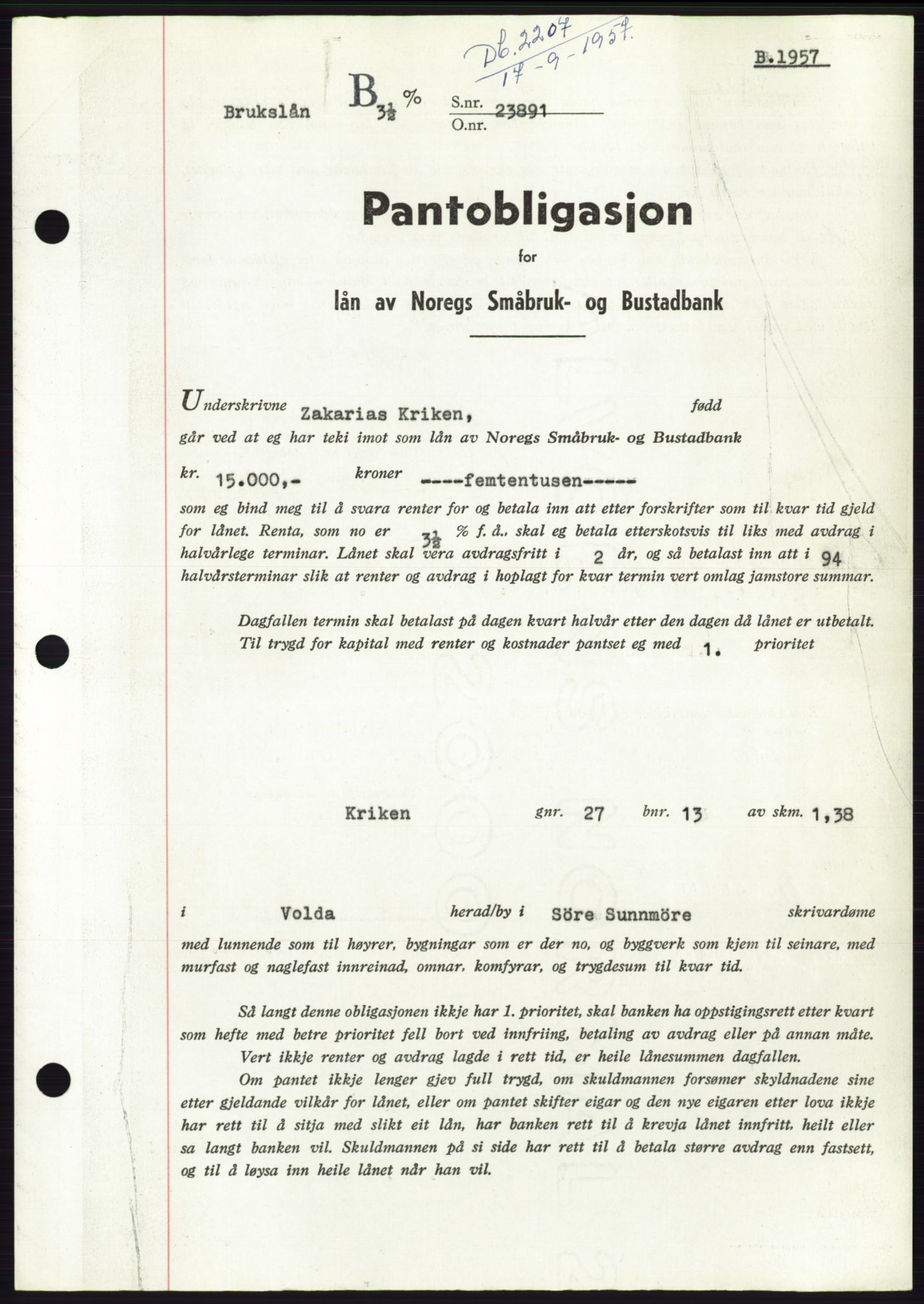 Søre Sunnmøre sorenskriveri, AV/SAT-A-4122/1/2/2C/L0130: Pantebok nr. 18B, 1957-1958, Dagboknr: 2207/1957