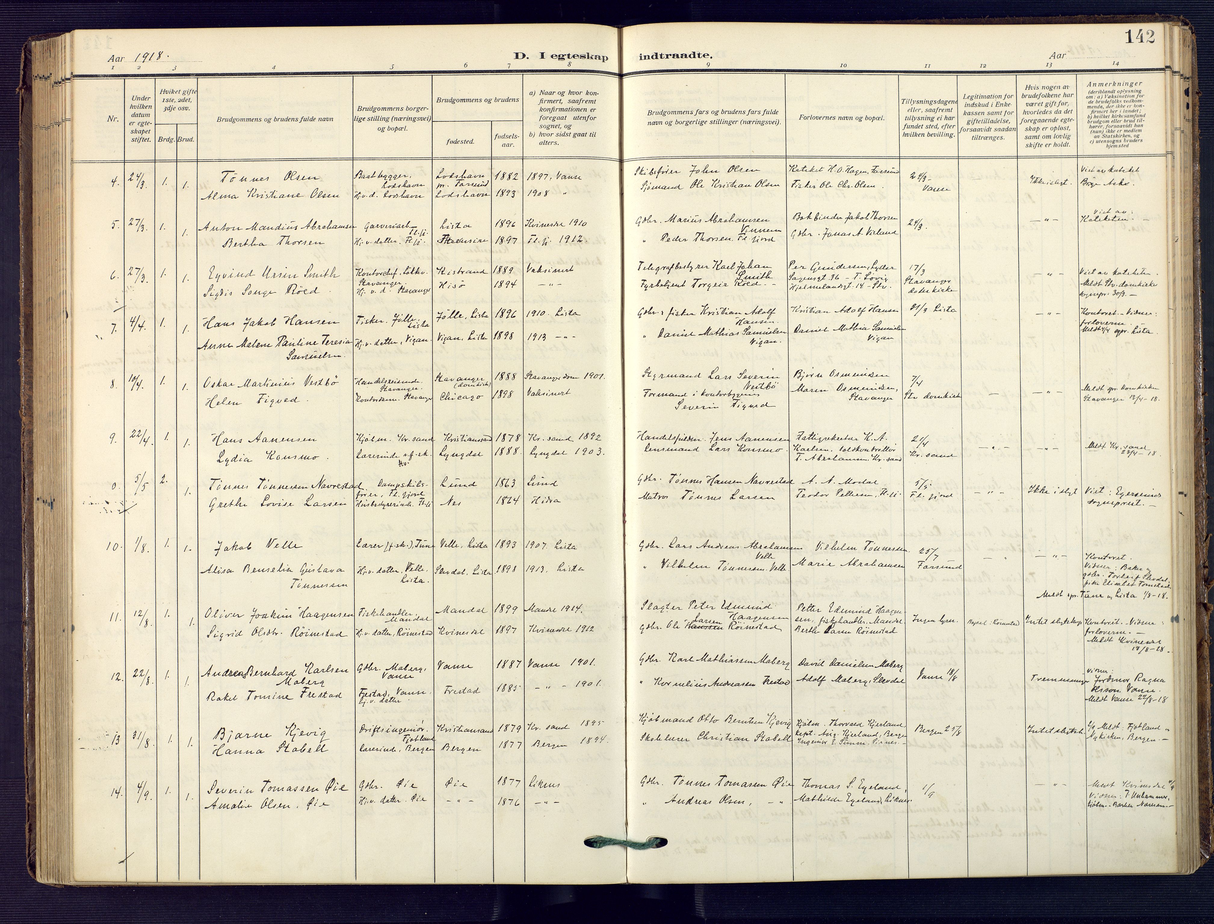 Flekkefjord sokneprestkontor, SAK/1111-0012/F/Fa/Faa/L0003: Ministerialbok nr. A 3, 1913-1928, s. 142